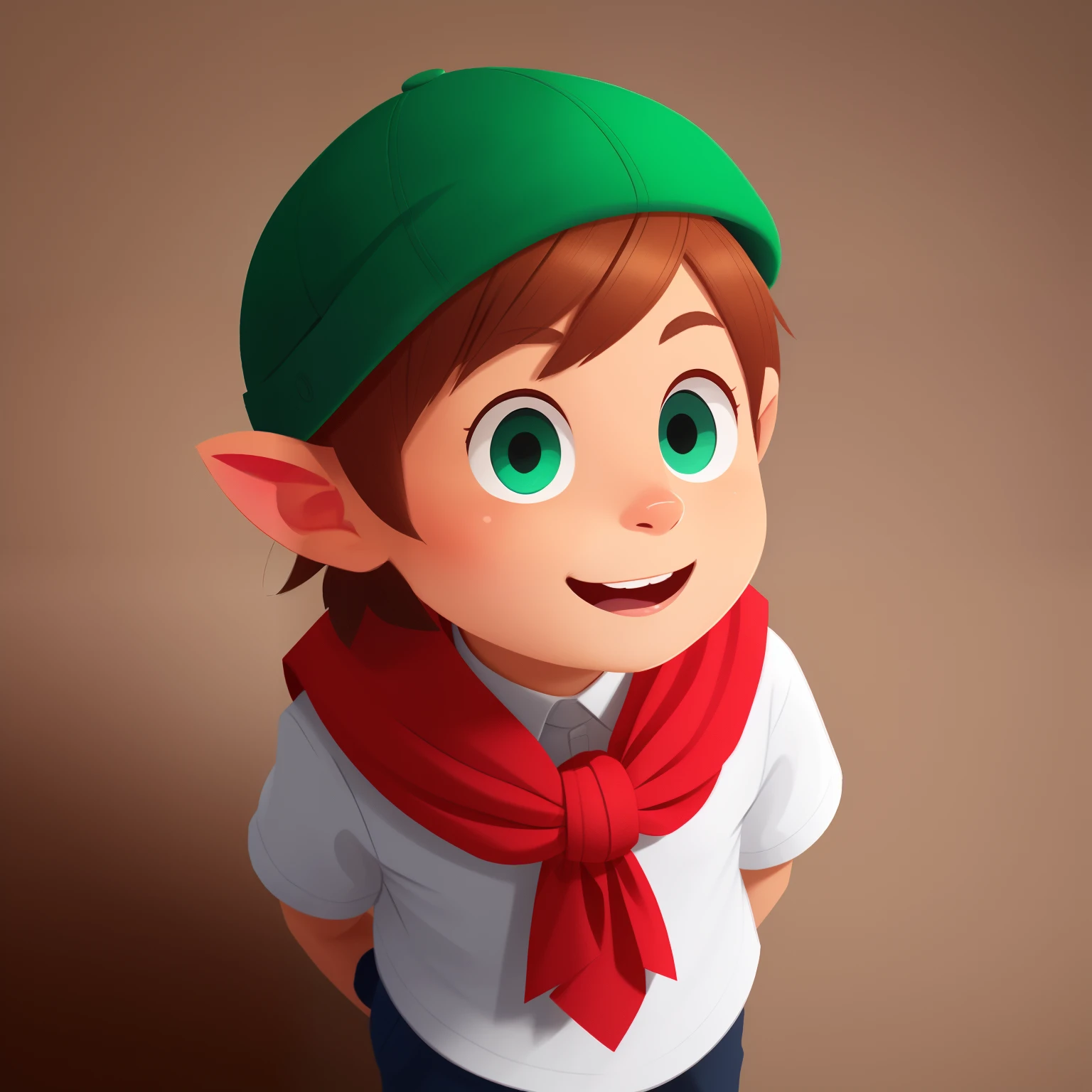 Curious is a small, Nimble leprechaun with bright eyes full of curiosity. His green hat stands out in contrast to his red and white uniform. Sempre com um sorriso travesso no rosto. With messy brown hair and a captivating expression, Ele tem uma personalidade otimista e corajosa. Her eyes sparkle with the thrill of unraveling mysteries, And your ears are pointed.