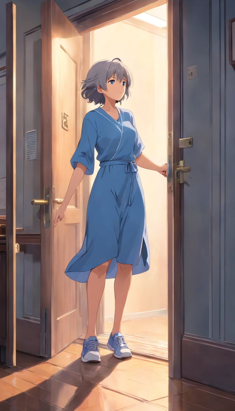 Gray-haired woman with cross-headed mom in blue dress light brown pants sneakers full body is opening the door