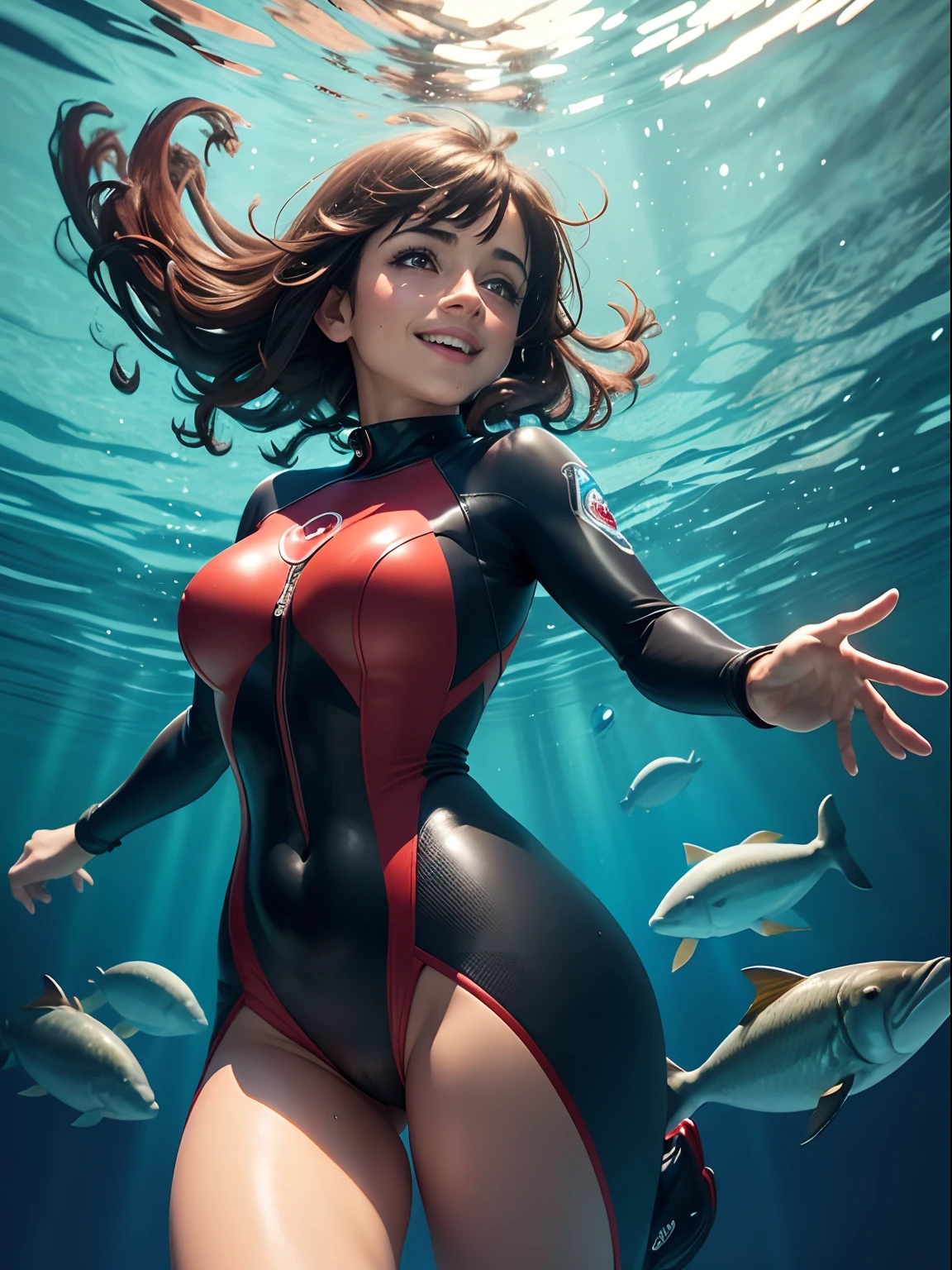 Lucy Verasamy, view from side, floating underwater, smiling, oiled skin, full figure, sexy red wetsuit, red wetsuit showing cleavage, wearing flippers, snorkel, diving mask, hair floating, cleavage, bare thighs, legs apart, bare arms, cameltoe, tiny breasts, fish, dolphin, sunbeams shining down through turquoise water, oxygen bubbles rising, dramatic light, deep shadows