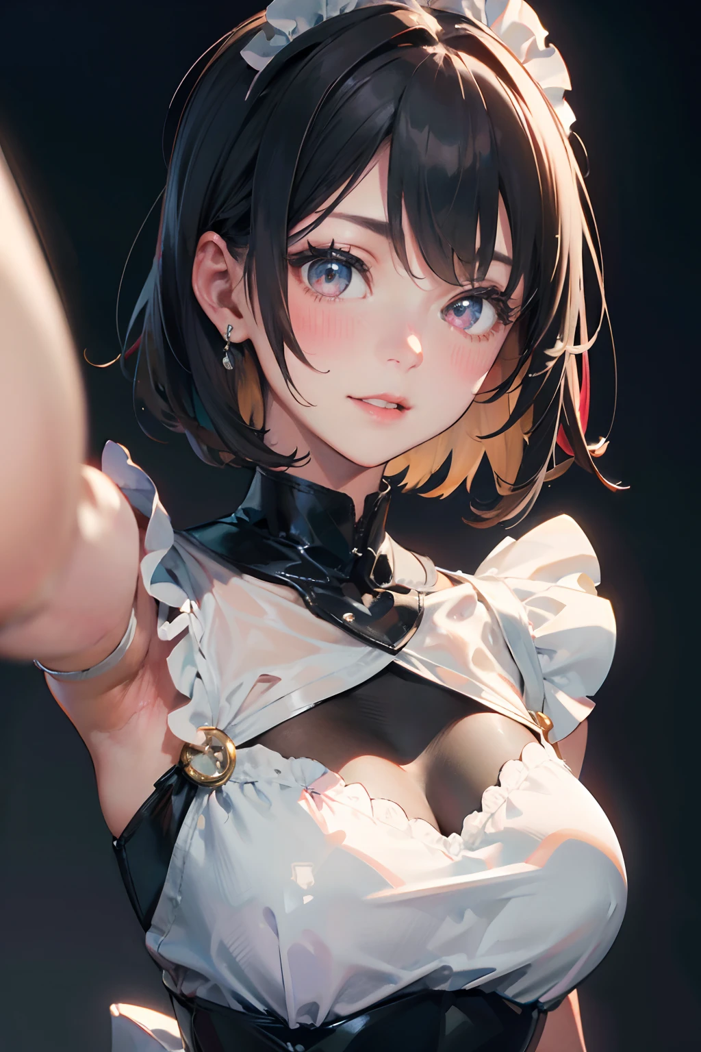 a 20 yo woman、Brown hair、Bery short hair、Big smile、Sexy Maid Clothes、Muted Tones、Subdued Color、highly contrast、(natural skin textures、Hyper-Realism、Soft light、sharp) {{{{masutepiece}}}}, {{{Hyper Detailed}}}, {{{hight resolution}}}, {{Good anatomy}}, (((Best Quality))), ((extremely delicate and beautiful)), {{an extremely detailed and delicate}}, {8k cg wallpaper}, {{Illustration}}, (greyscale with colored background:1), White and black background, (chromatic abberation:1.2), Upper body, maturefemale, (1girl in:1), Solo, 花魁, (Komono:1.2), medium breasts, hiten1,