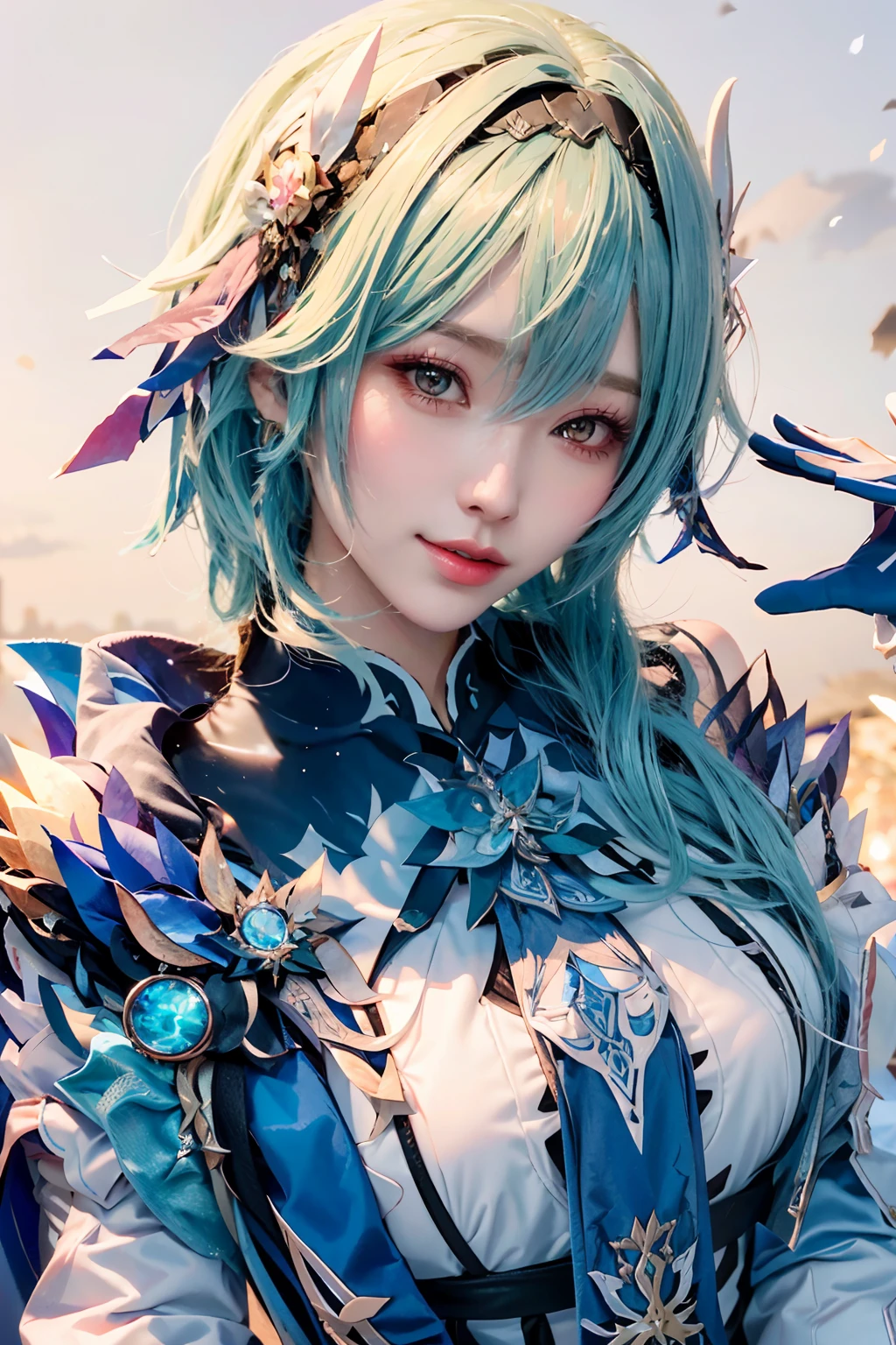 Beauty of a goddess, slim face, beautiful wan, 1girl, solo, (masterpiece:1.2), best quality, eula, genshin, high detailed, 8K resolution, looking at viewers, eula from genshin impact, outdoor, hairband, blue hair, necktie, cape, ((vision \(genshin impact\) )), long sleeves, gloves, sidelocks, (smiling), slender figure, ((wide beautiful eyes)), ((a close up portrait photo, head to bust))