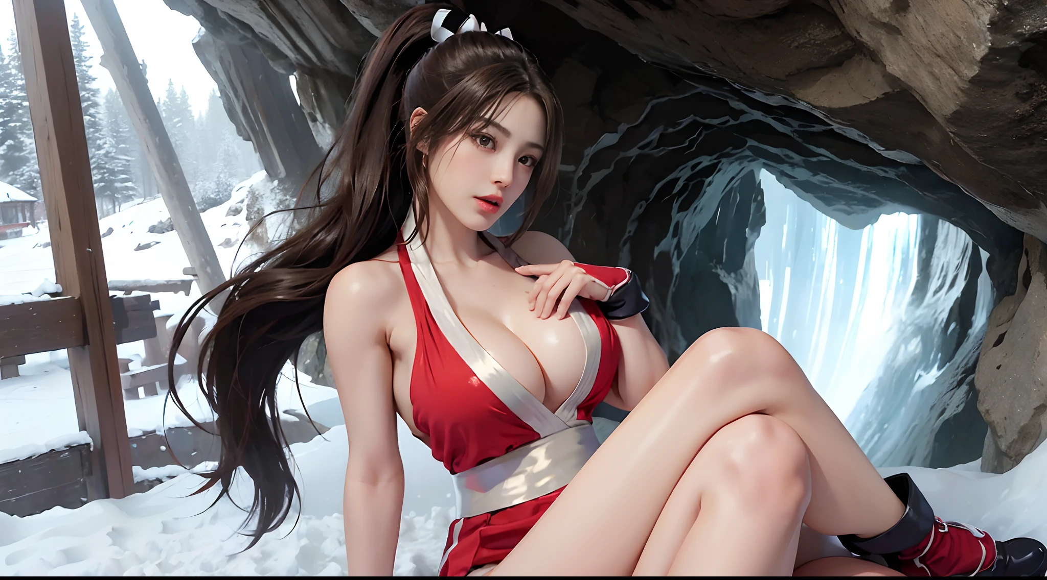 Usually detailed CG Unity 8K wallpaper,(tmasterpiece),(best qualtiy),(ultra - detailed),(Ultra photo realsisim),(best character detail:1.36), 1girll, japanese beautiful woman,ssmile,brunette color hair,the golden ratio,(com rosto detalhado:1.2),PureErosFace_V1,(gigantic cleavage breasts:1.35),,(smooth thigh:1.2),,ice cave,Ice World,Ice,Snow,Ice water,RAW photogr,retro poster,Wartime posters,Nikon D750 f / 1.4 55mm,RAW photo,profesional lighting, physically-based renderingt,Bigchest,pony tails,mai shiranui,Sat down
