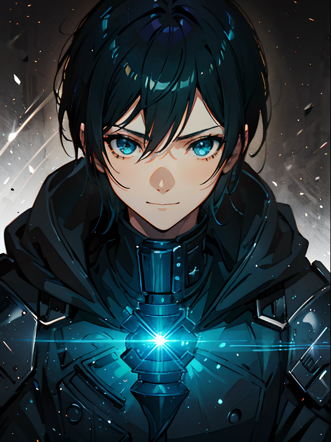 Kirito, anime style cool guy, sword art online, black slim armor, black trench coat, 1boy, looking at viewer, standing, thinking, smiling, upper body, ultra-detailed, Simple background, high quality, high resolution, masterpiece, best quality, (extremely detailed CG unity 8k wallpaper, masterpiece, best quality, ultra-detailed, best shadow), (detailed background), (beautiful detailed face, beautiful detailed eyes), High contrast,