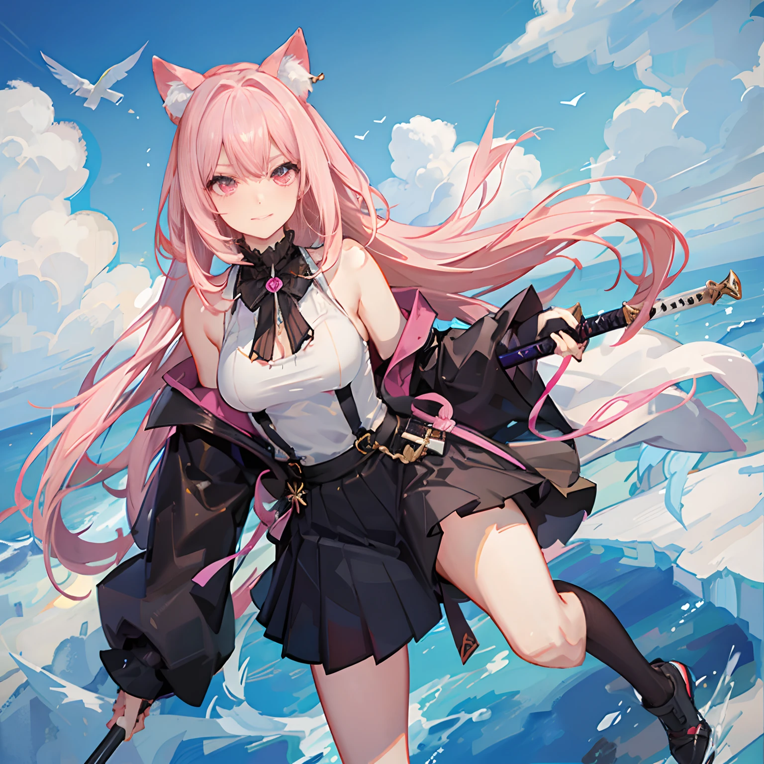 "anime girl, 1 person, pink hair, pink cat ears, pink eyes, t-shirt, white t-shirt, black women's open-shoulder jacket, black miniskirt, big breasts, has twin takana swords on her back, takana swords,  There are ice crystals flying around behind, holding a sword, fighting, dual takana swords, smiling triumphantly, solo, frontal view, standing cross-legged. (full HD 4K+ image)"