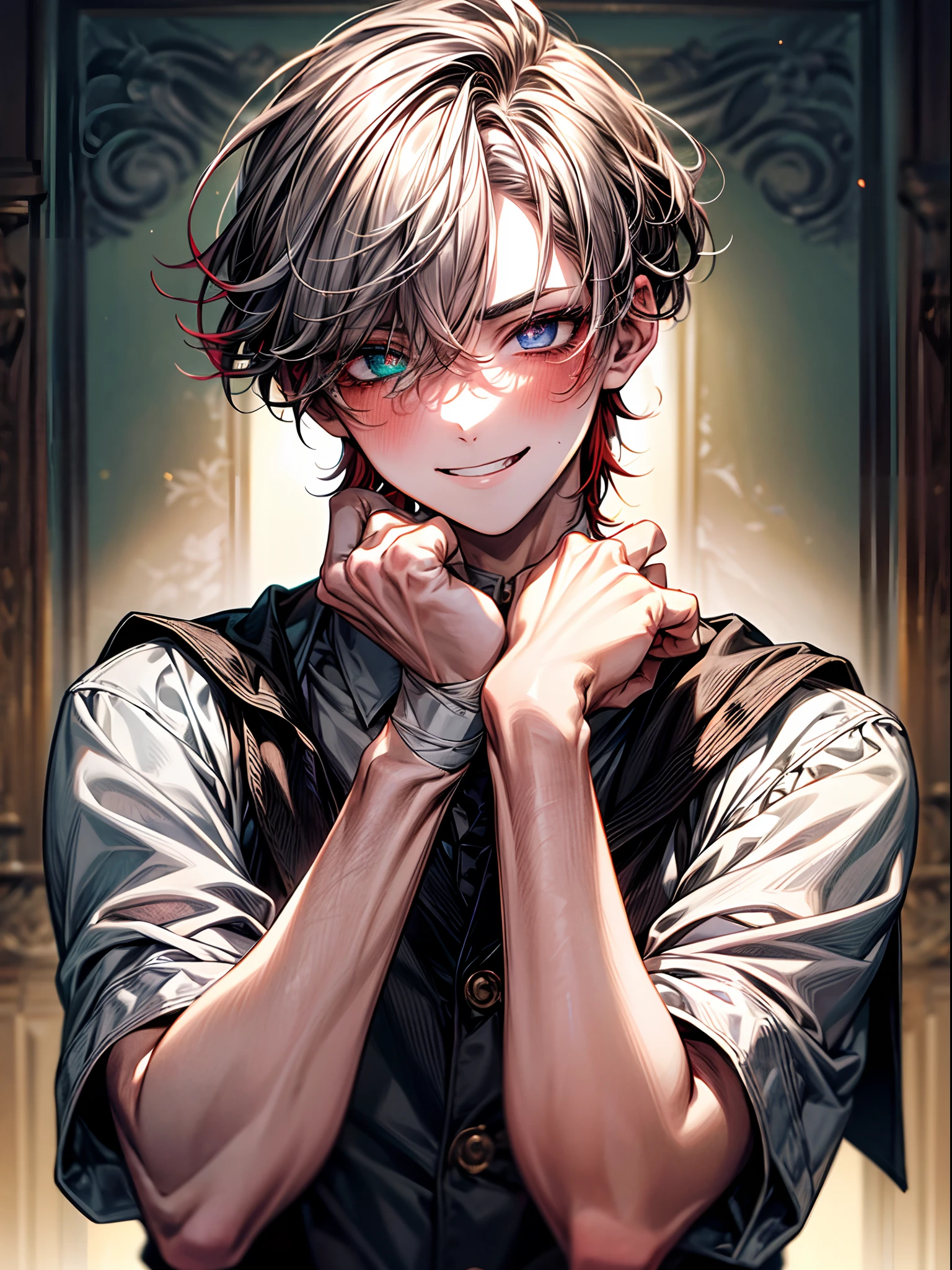 Masterpiece, high quality, best quality, ultra detailed, fine details, Boy, 1boy, Young men, red hair, ((heterochromia)), ((right eye:black, left eye:gray)), anguish eyebrows, embarrassed, blush, grin, stick out tongue, heart shaped pupils, white school shirt, bandages, handsome, face focus, hand on cheek, looking at viewer, extreme details, official art, high precision, high definition, delicate depiction of facial features, at classroom, perfect anatomy, perfect hands