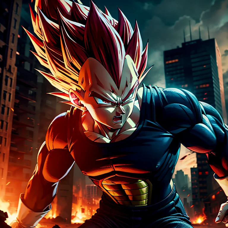 vegeta transforming into his etheral Super Saiyan form. His scarlet hair and blazing maroon eyes  extremely detailed and realistic painting,,moody lighting, [intimidating facial expression, destroyed city background],horror,fantasy,sharp contrast,moody lighting
