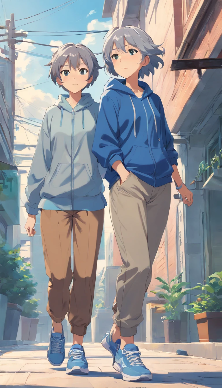 Gray-haired woman with pan-headed mom wearing blue clothes, light brown pants, sneakers