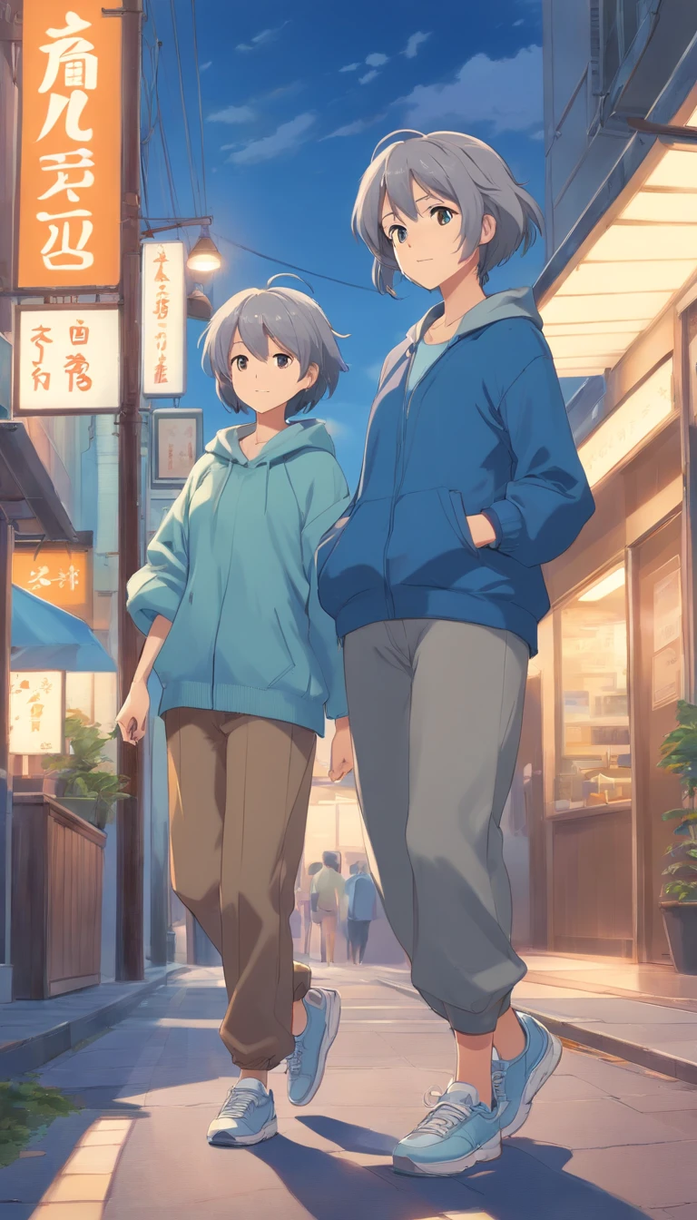 Gray-haired woman with pan-headed mom wearing blue clothes, light brown pants, sneakers