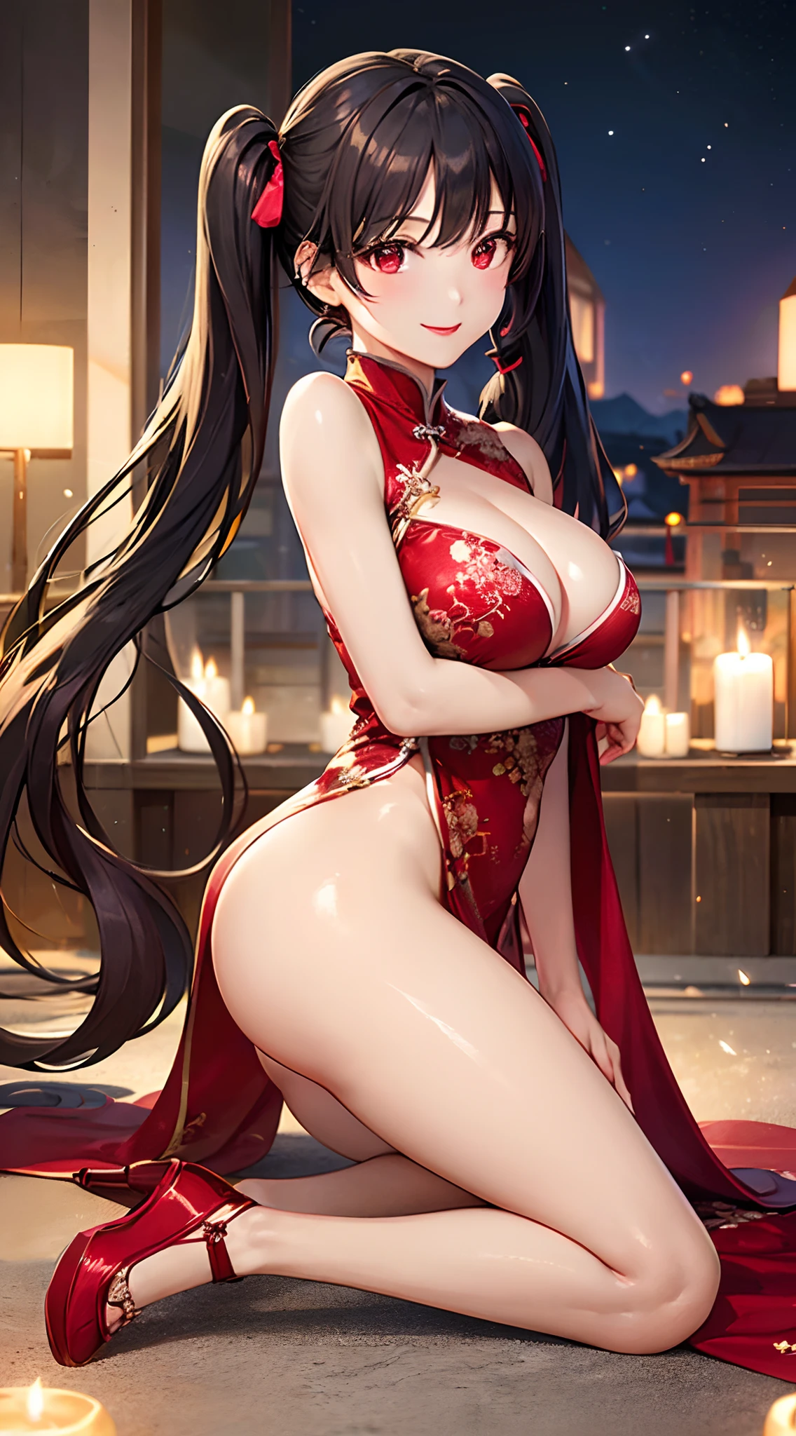 (perfect anatomy, anatomically correct, super detailed skin), 1 mature woman, solo, japanese, (detailed ultra-oily shiny skin:1.1), watching the view, (smile:1.5, happiness), 
((metallic red chinese costume, red lips), (embroidered cloth shoes), open chest wide, valley), 
beautiful hair, beautiful face, beautiful detailed eyes, red eyes, (long hair:1.5, twin tails :1.7), black hair, (large breasts:1.2), (cute face), (Ideal ratio body proportions), 
beautiful clavicle, beautiful body, beautiful chest, beautiful thigh, beautiful legs, breast, bare foot, bare arm, slender, small buttocks, skinny legs, 
(beautiful scenery), wedding background, candlelight night in the cave house, wedding scene, red lantern, festive atmosphere, (kneeling position), (point you by ass), 
(8k, top-quality, masterpiece​:1.2, extremely detailed), (photorealistic), beautiful art, visual art, depth of fields, cinematic lighting, surrealism, elaborate design,