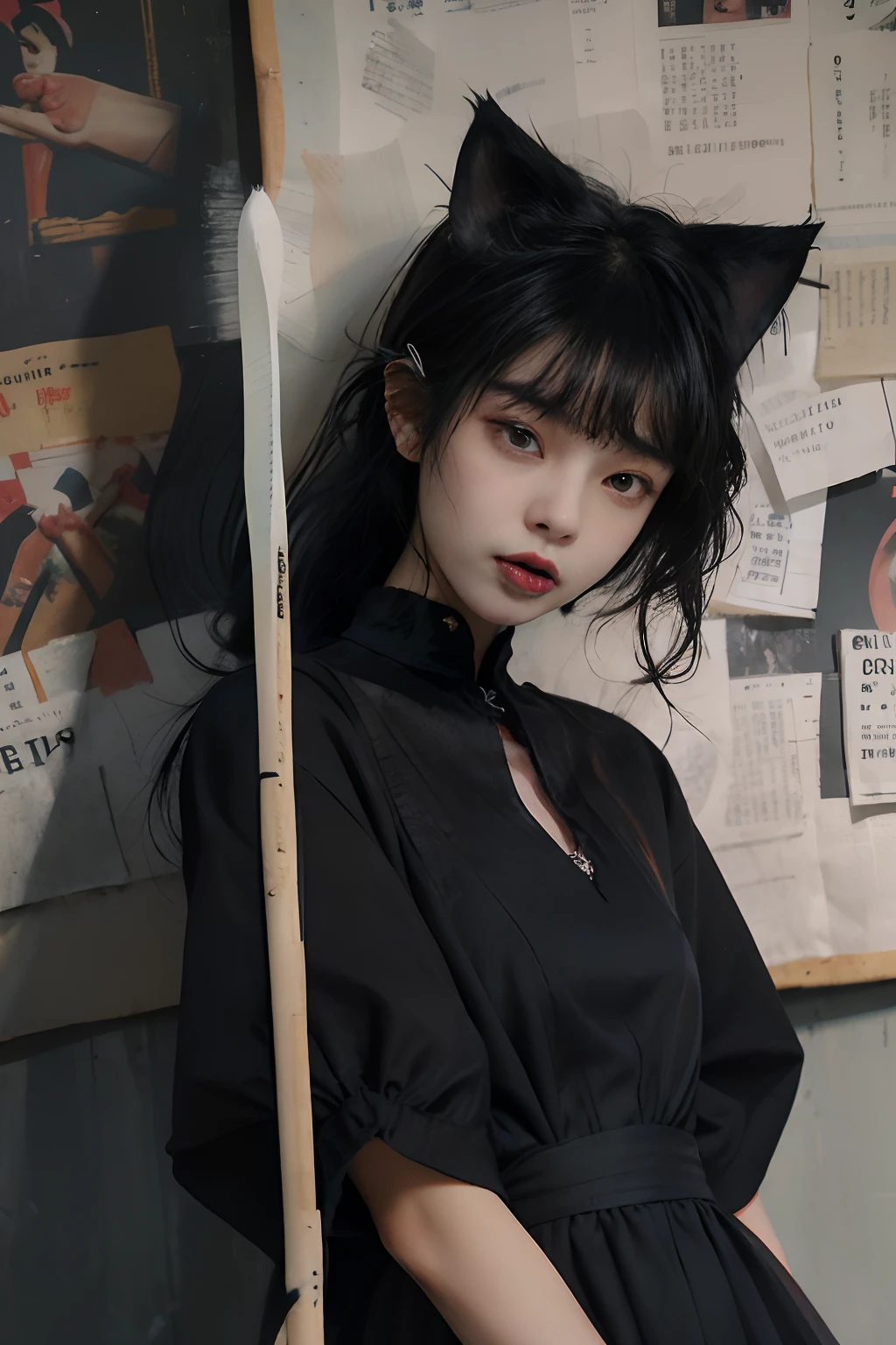 masterpiece、8K、32K、top-quality、(A cute Japanese woman:1.3)、detail portrayal、1 girl in、elegent、23years old、(Cat's ears、Black hair bangs)、(Goth loli dress:1.35)、(Stick out your tongue:1.3)、Newspaper background、(Front angle、up