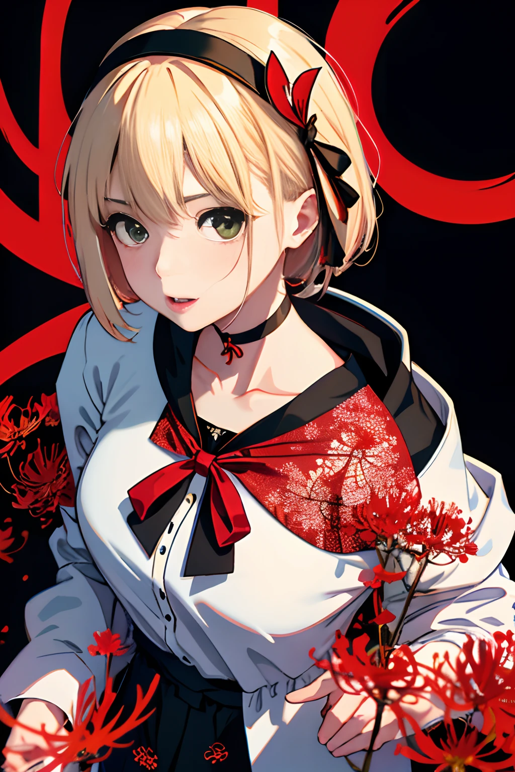 (Fine, beautiful eyes and detailed face)、cinematlic lighting、bustshot、Highly detailed CG Unity 8K wallpaper、(top-quality、hight resolution、8K、masterpiece:1.2)。Curvaceous but slender、Muchimuchi Body、Red spider lily field、Red modal lilies are blooming all around、Red Spider Lily、Grinning Woman、Red spider lily sits in the middle of blooming。With a somewhat horror look、Eight teeth are characteristic。Wear bloody clothes、Has an ax。Crazy looks and the gap between her and Red Spider Lily、Further enhance her beauty。Half-garment hoodie、accessorized、Mole、eyebrows、double tooth、canine teeth、poneyTail、Muscular nose、Clear, Detailed green eyes、blondehair、Hats、校服、red blush、short-haired、a choker、fleshy lips、Physical beauty、well-muscled、Raise headband bangs、Oforehead、Mysterious fashion、Street fashion、Anime style、animesque、Oversized trousers、Unreal、Fashion based on green and black、Backgrounds with depth、The background is a field of bright red lilies、10,000 Red Spider Lily。a necklace、Bracelets、Misanga、arm band、colorful backdrop、Light and Wall Co-star、Little black cat clinging to his shoulder、Original face、(dark themed:1.3)、Dark Fantasy、With a red spider lily in her mouth、