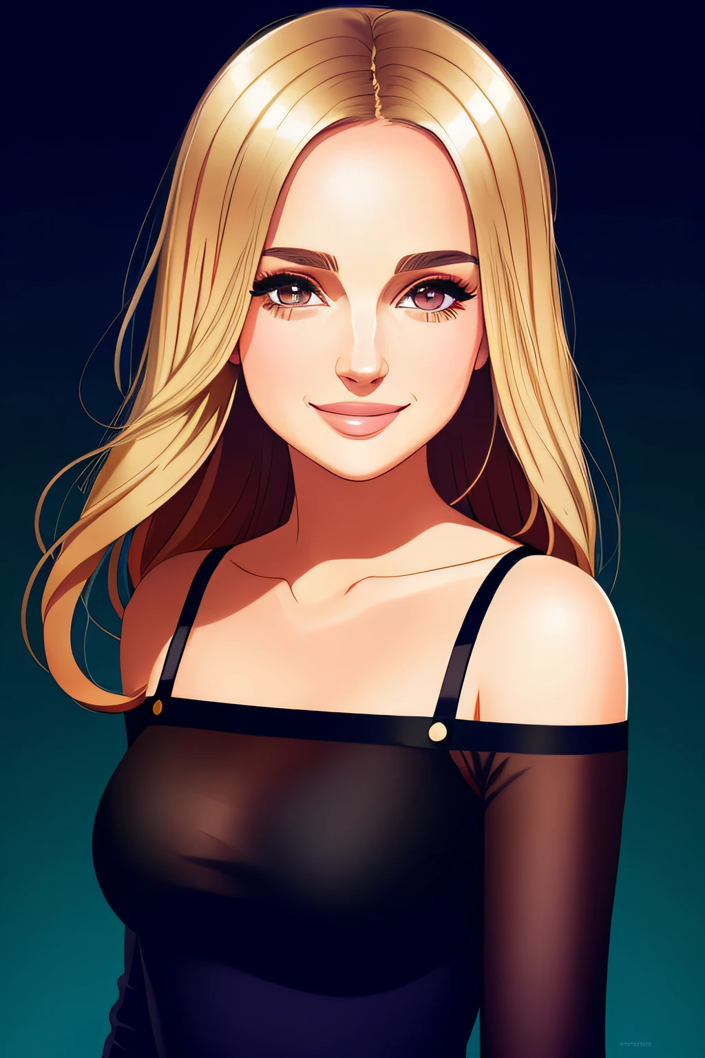 masterpiece, flat illustration, ABBA singer,cute woman,beautiful anime style woman,Natalie Portman,brown eyes,cute small eyes,smiling,Blonde hair,,flat colors,cute head,wide angle, clean detailed faces, intracate clothing, analogous colors, glowing shadows, beautiful gradient, depth of field, clean image, high quality, high detail, high definition, Luminous Studio graphics engine