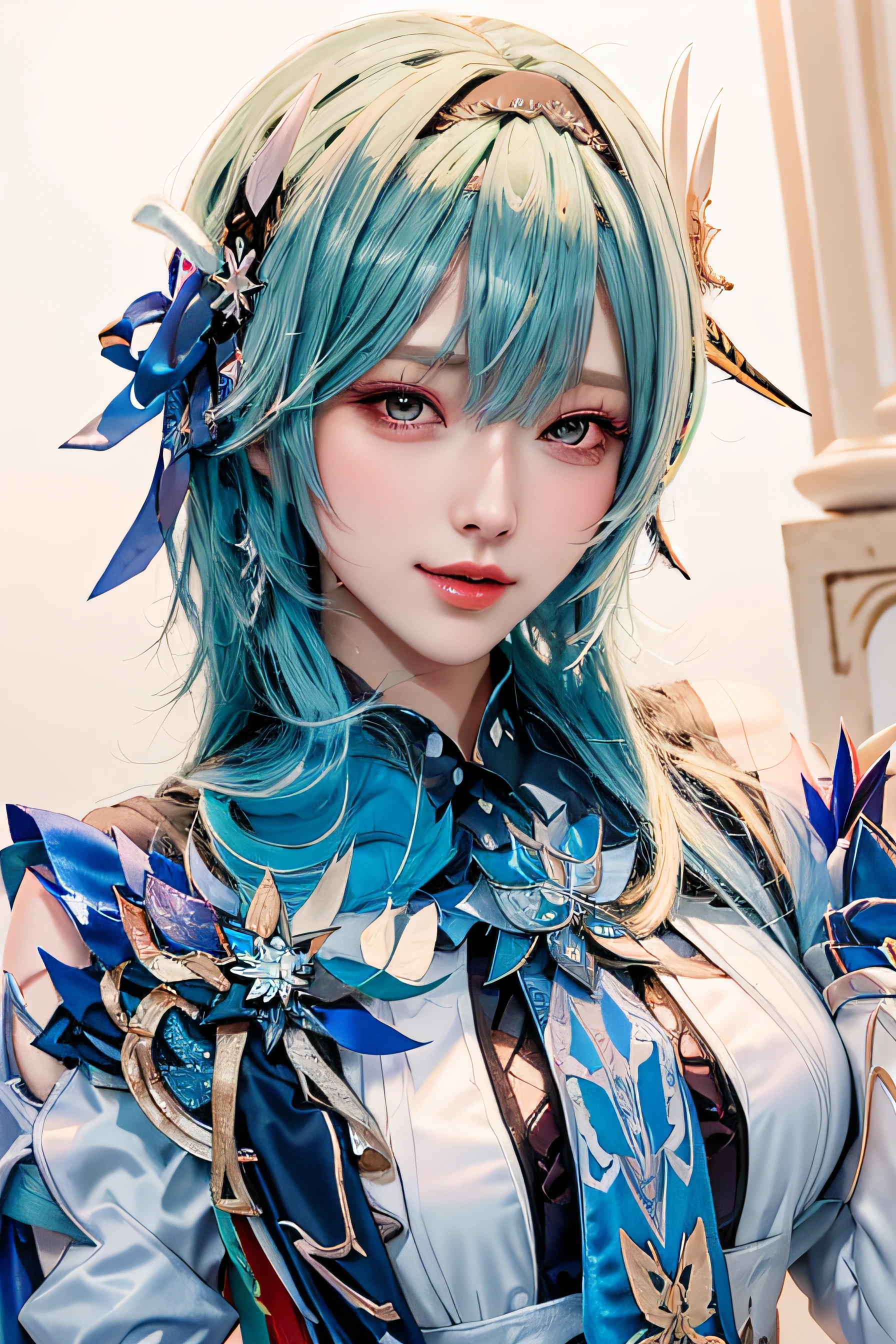 Beauty of a goddess, slim face, beautiful wan, 1girl, solo, (masterpiece:1.2), best quality, eula, genshin, high detailed, 8K resolution, looking at viewers, eula from genshin impact, outdoor, hairband, blue hair, necktie, cape, ((vision \(genshin impact\) )), long sleeves, gloves, sidelocks, (smiling), slender figure, ((wide beautiful eyes)), ((a close up portrait photo, head to bust))