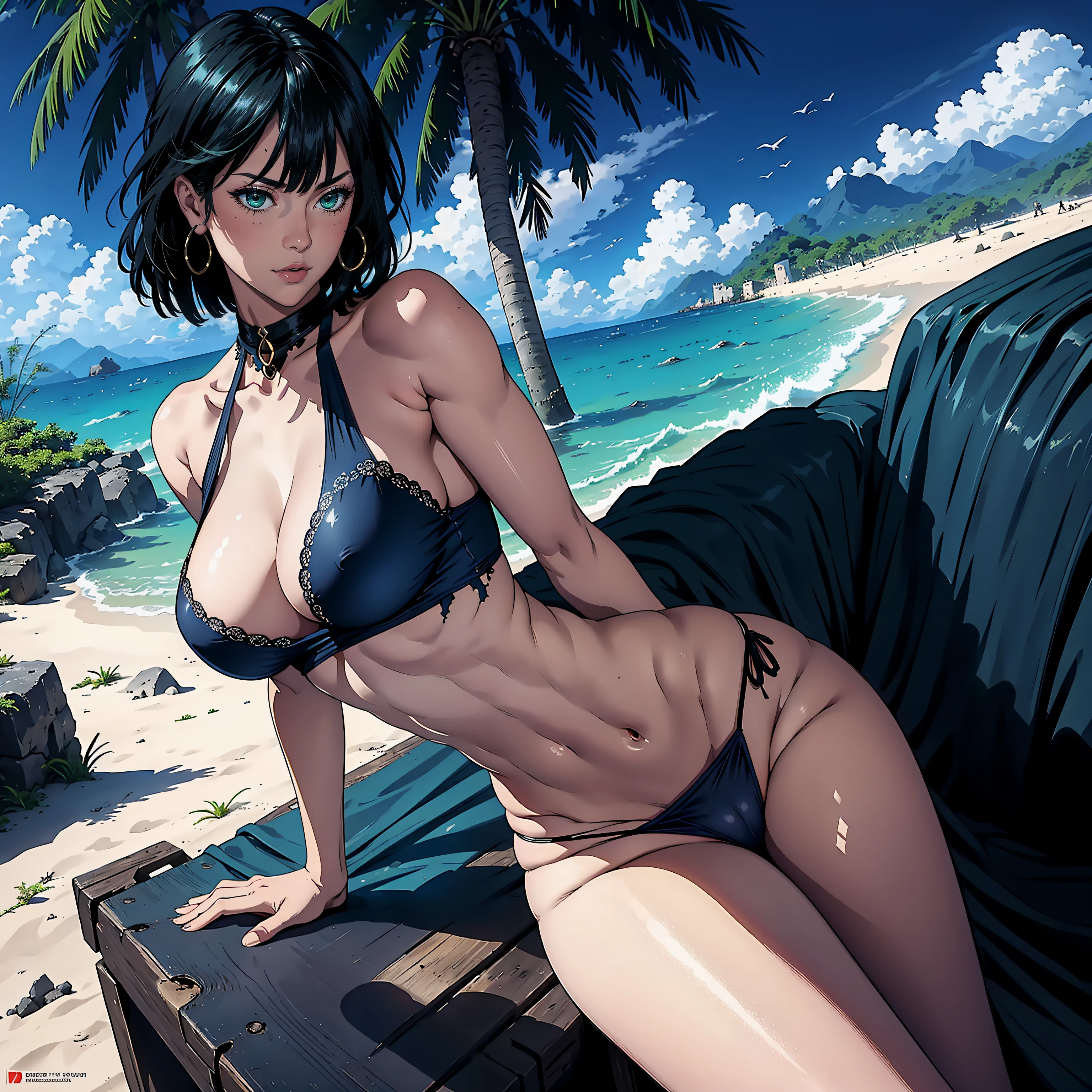 Hyper realistic super detailed sexy fubuki, Une fille confidante, NSFW, Very detailed, expressions faciales sexy, seductive facial expressions, [:(Face detail: 1.4): 0.4], 16K resolution, 4k resolution, dinamic lighting, High definition resolution, (sexy pose, Position attrayante), (hyper realistic: 1.4), (back light: 1.2), (sun light: 1), (pleine hauteur: 1.8),(contrasting background: 1.5), (Anatomy of the hyperrealistic arm), (Hyperrealistic anatomy of the legs), (peau propre), (lighting cinematic: 1.7), (intime), (Technologie NVIDIA RTX Ray Tracing), (Anatomy of the hyperrealistic arm: 2), (Ventre plat parfait), (image couleur),Create a 4K resolution, ultra-realistic, and extremely detailed artwork featuring an alluring shipwrecked woman with a seductive physique and attractive attire on a deserted island. This woman is the central character in the artwork, known for her captivating beauty and resilience. She stands on the sandy shore of the island, with lush tropical vegetation in the background and the wreckage of her ship scattered along the coastline.

The shipwrecked woman has a captivating beauty. Her long, tousled hair is a sun-kissed blonde, and her eyes are a striking shade of emerald green, reflecting a mix of determination and allure. She possesses an athletic yet graceful physique, accentuating her natural charm. She wears tattered clothing that, despite the wear and tear, remains alluring and highlights her silhouette.

She is provocatively dressed, with clothing that subtly reveals her skin while emphasizing her charm. The tattered remnants of her attire add a touch of wild elegance to her appearance. Her expression conveys determination and a hint of seduction, despite the challenges she faces.

The tropical island is a paradise filled with mystery. Towering palm trees provide shade, while exotic flora adds vibrancy to the landscape.