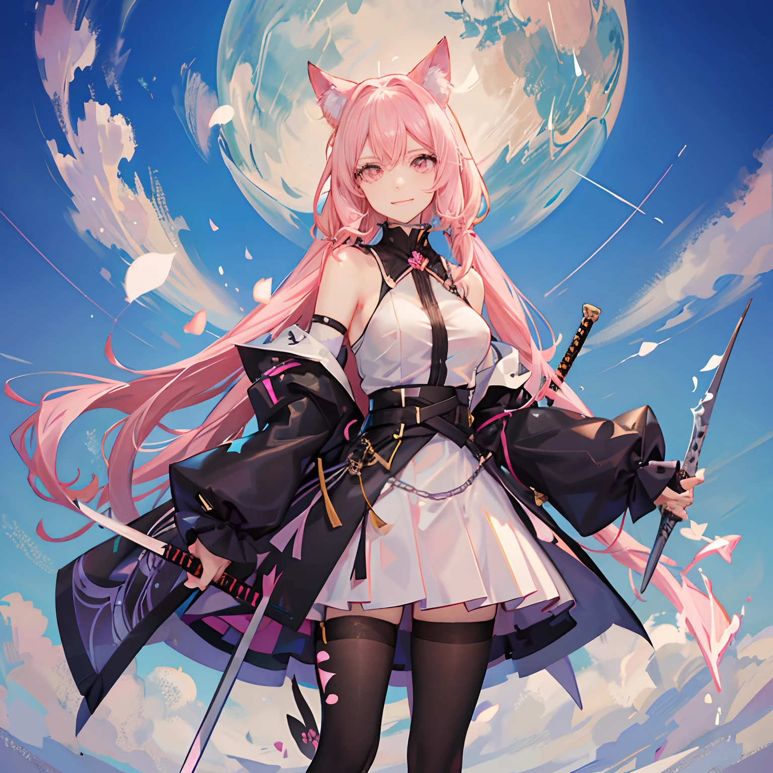 "anime girl, 1 person, pink hair, pink cat ears, pink eyes, t-shirt, white t-shirt, black women's open-shoulder jacket, black miniskirt, big breasts, has twin takana swords on her back, takana swords, There are ice crystals flying around behind, dual swords, dual takana swords, smiling triumphantly, solo, frontal view, standing cross-legged. (full HD 4K+ image)"