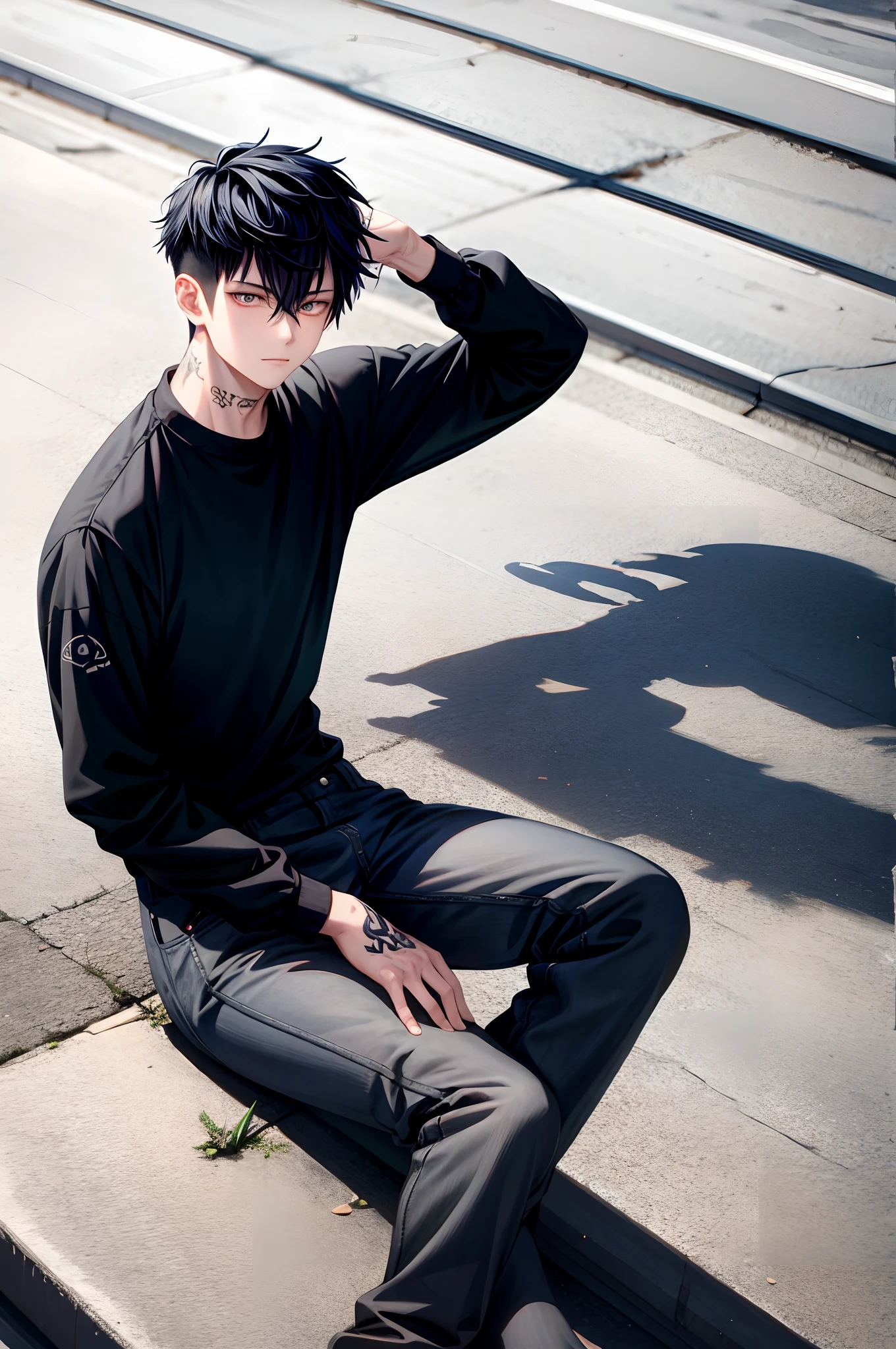 Kpop Boy with tattoo, black hair, fade cut, poser, sitting, outside street