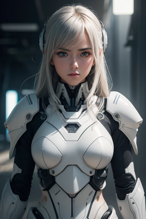 masutepiece, Best Quality, A hyper-realistic, ultra-detailliert, 8K resolution, Raw photo, Sharp Focus, (1girl in), Solo, gorgeous faces, Perfect body, maturefemale, 25-years old, Portrait, mechs, White armor, Nanosuit, Sexy, hair messy, Cinematic, Cinematic Light, Dark theme