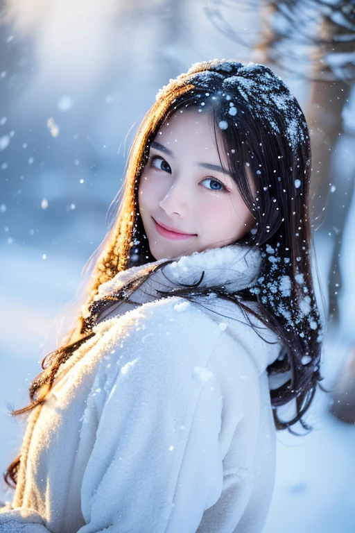 1girl, (outside, snowy japanese garden at night), best quality, ultra-detailed, masterpiece, finely detail, highres, 8k wallpaper, (frontal view), (full body view), (full body visible), (looking at viewer:1.2), (eye contact), (looking at camera), (face visible:1.5), (perfect face:1.8), beautiful face, light brown hair, long wavy hair, perfect makeup, white skin, (sit on the snowy ground:1), (((snow is falling, Snow flutter down, snow spirit))), (snow-covered head and shoulders),