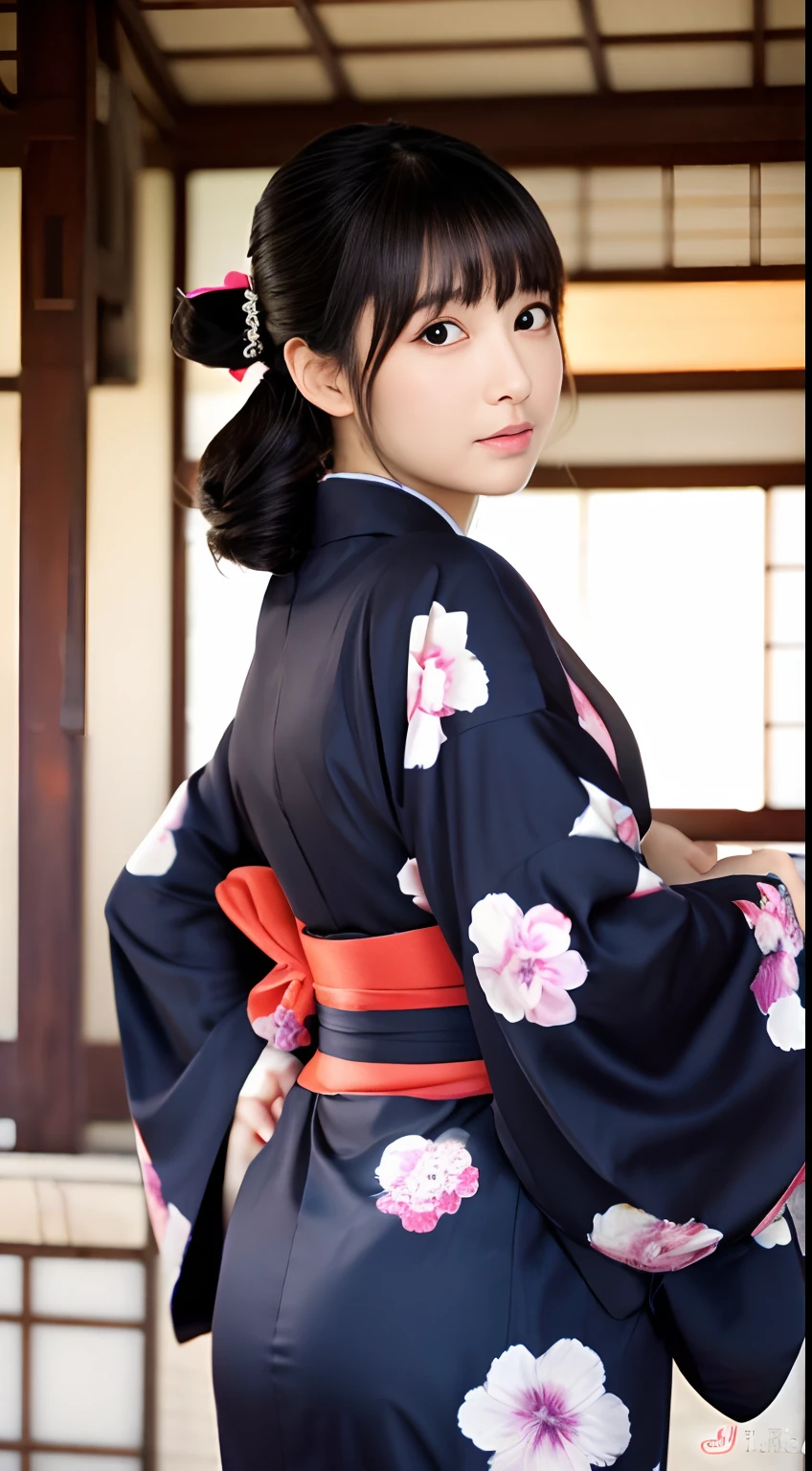 Best-quality, Masterpiece, Ultra-High-Resolution, (Photorealistic:1.4), Raw-Photo, Extremely-Details, Perfect-Anatomy, 1girl, the most popular Japanese idol, extremely cute face, extremely beautiful big black eyes, extremely beautiful black hair, extremely beautiful body, extremely beautiful hip, wearing only gorgeous Japanese KIMONO, upturned ass, cowboy-shot, looking at viewer, detailed gorgeous Japanese KIMONO, detailed face, detailed eyes, detailed hair, detailed body, detailed hip