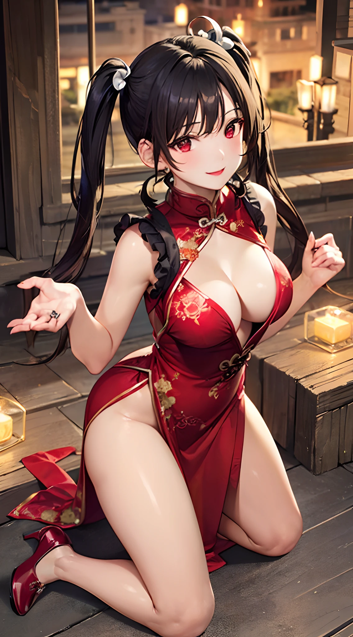 (perfect anatomy, anatomically correct, super detailed skin), 1 mature woman, solo, japanese, (detailed ultra-oily shiny skin:1.1), watching the view, (smile:1.5, happiness),
((metallic red chinese costume, red lips), (embroidered cloth shoes), open chest wide, valley),
beautiful hair, beautiful face, beautiful detailed eyes, red eyes, (long hair:1.5, twin tails :1.7), black hair, (large breasts:1.2), (cute face), (Ideal ratio body proportions),
beautiful clavicle, beautiful body, beautiful chest, beautiful thigh, beautiful legs, breast, bare foot, bare arm, slender, small buttocks, skinny legs,
(beautiful scenery), wedding background, candlelight night in the cave house, wedding scene, red lantern, festive atmosphere, (kneeling position), (point you by ass),
(8k, top-quality, masterpiece:1.2, extremely detailed), (photorealistic), beautiful art, visual art, depth of fields, cinematic lighting, surrealism, elaborate design,