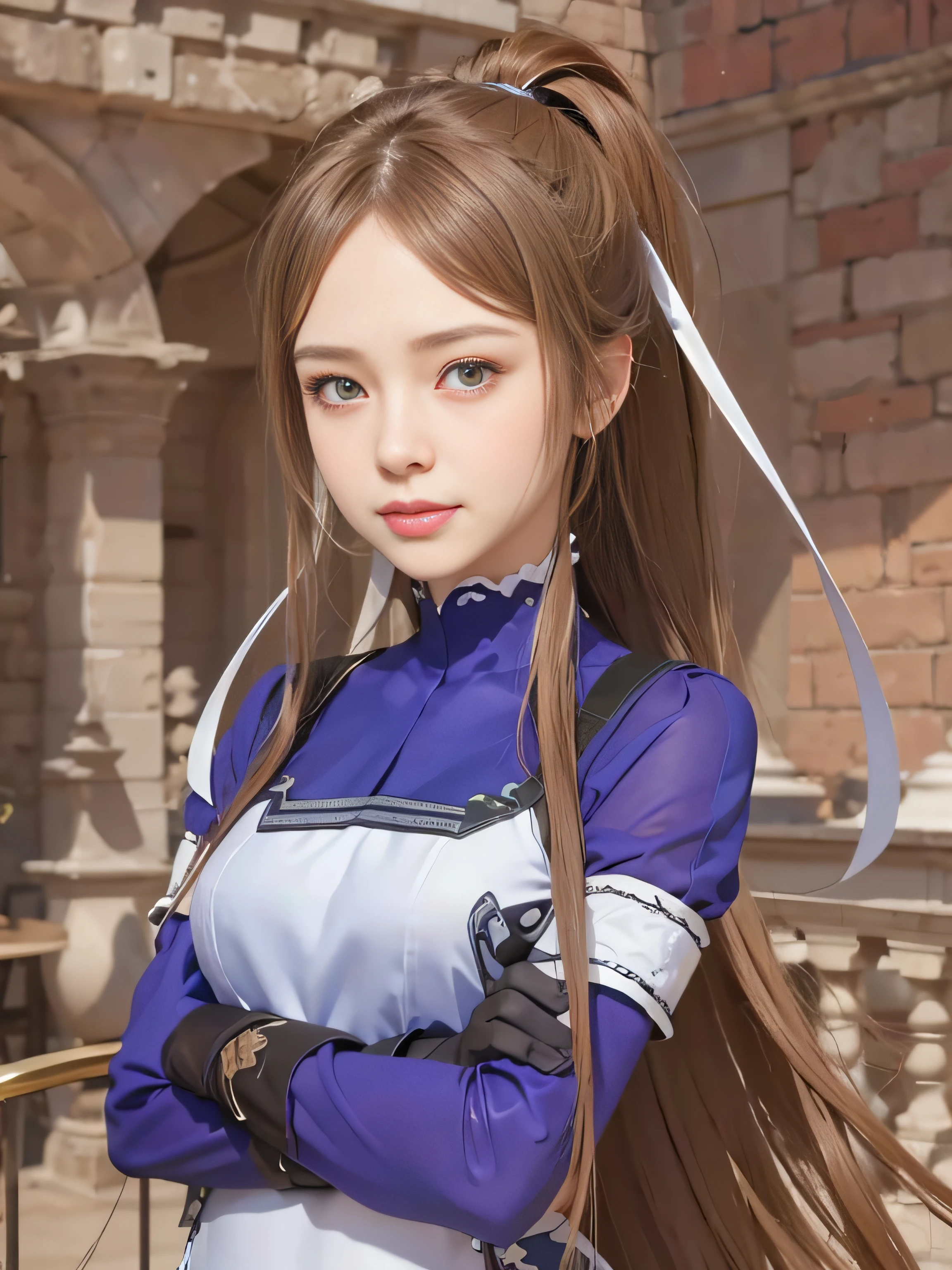 masterpiece, best quality, (realistic, photo-realistic:1.4), (RAW photo:1.2), extremely detailed CG unity 8k wallpaper, delicate and beautiful, amazing, finely detail, official art, absurdres, incredibly absurdres, huge filesize, ultra-detailed, extremely detailed, extremely detailed girl, extremely detailed eyes and face, light on face,little smile,white armor,brown hair,white ribbon