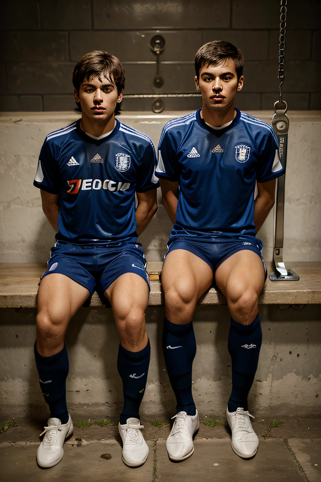 Two young men chained up in a  chamber in soccer kit