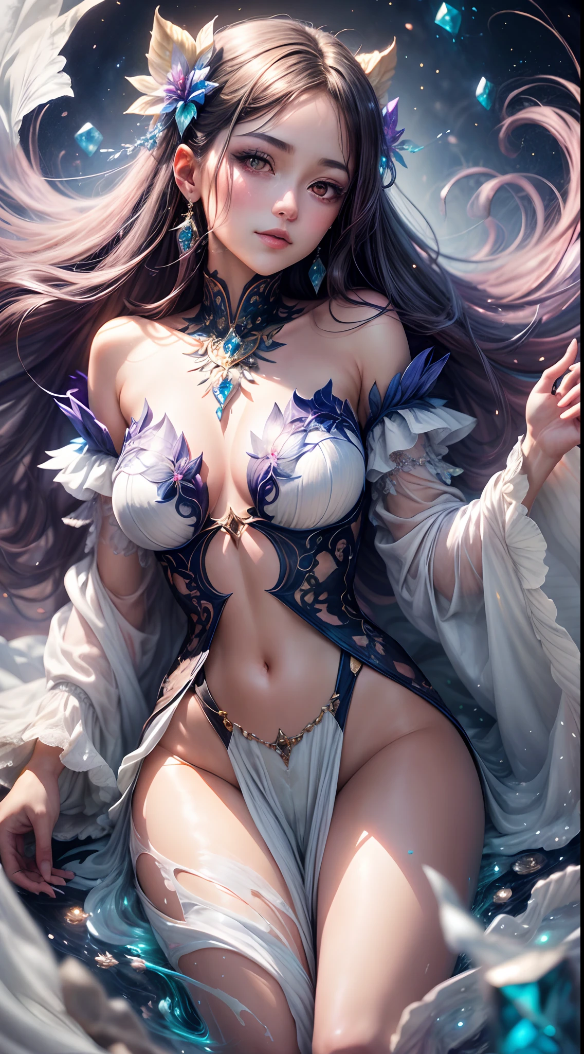 A captivating anime girl gracefully emerges from the pages of a watercolor painting, her vibrant and intricate colors breathing life into the artwork. She dons an extraordinary fantasy costume adorned with delicate details, reflecting the enchanting world she inhabits. Luminescent elements, like glowing crystals and ethereal wisps, surround her, casting a soft, otherworldly glow. The watercolor style imbues the image with a sense of fluidity and delicacy, as if the colors are effortlessly blending and bleeding into one another. Camera shot: medium shot, Camera lens: soft focus, Lighting: luminescent glow, watercolor brushstrokes,
