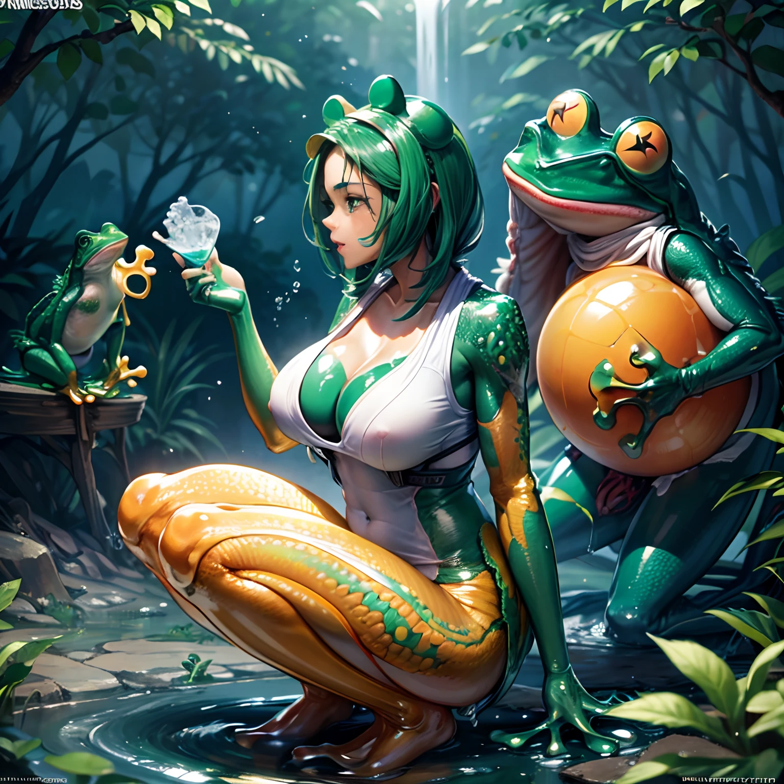 Complex rendering of a beautiful woman in super detail(frogs:1.45)，mature，Round ball ears，scutes，slimey(transparent pubic hair:1.0)，dew，Plump breasts，dew，soaked pubic hair，Lubricated body(Lubricated:1.2)，Aqua green skin，Black and yellow stripes，Frog section，crouched，profuse sweat，Sateen，rich colours，Beautiful soft light，soaking in water，vibrant detail，Ultra photo realsisim，anatomically，musculature，Finger webbing，ellegance，Beautiful rainforest background，Full body photo，Absurd and complex shape，Xenomorph，8k，best qualtiy，tmasterpiece，illustratio，an extremely  delicate and beautiful，Extremely detailed，CG，unified，Wallpapers，，Amazing Cleavage，Fine quality，extremely detailed CG unity 8k wal，unbelievable Ridiculous，femele，full bodyesbian
