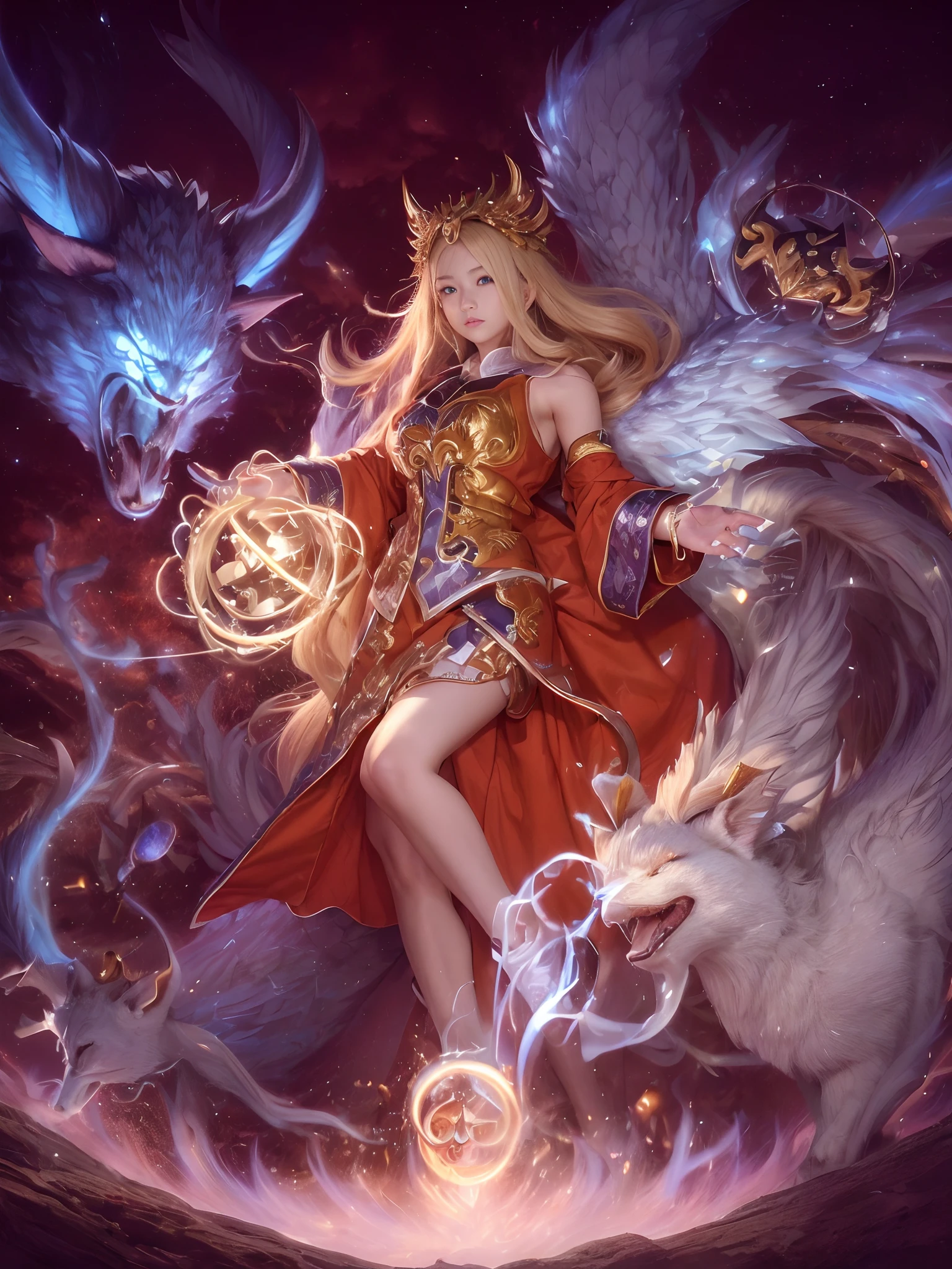 (((nffsw))), (((masutepiece))), (((8K))), (((hight resolution))), (((photographrealistic))), god rays, Zoom Layer, (((FULL BODYSHOT))), F/4.0, canon, Shiny skin,Detailed skin,Detailed face, Detailed eyes, 15-year-old beautiful female summoner with summoner, A symbol of power that materializes at her feet, Summon Beasts, Beautiful face , Detailed face, long, Straight, Golden hair, Large, Pretty eyes, Traditional Hakuhakama, blue ribbons in hair, Red Belt, Calf-length boots, Wear jewelry occasionally, the ritual of summoning, The soft, The ethereal glow emanating from her hands, Surrounded by a sparkling aura of magic