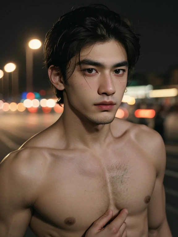 Best quality, masterpiece, ultra high res, (((photorealistic))), raw photo, in the dark, deep shadow, low key, cold light, man face, 1 man, 1man, man, Jaws firm, no mustache and beard, thin eyebrows, thin lips, Eye shape like a snake's eye, realistic, Male shoulders, Muscular, short hairstyle, broad shoulders, black hair, tan skin, angry face, cool face, bad boy vibe, carrying a black, smirk face, masculine, look cool, cool face, mainly face, full body portrait, Night city background, sharp eye, tan skin, Look like a Filipino boy, brown eye, looks 19 years old, 19 years old, real, Handsome. Topless , naked , ((nude)) , full body view , penis , big fat ass , ((dick on his face))