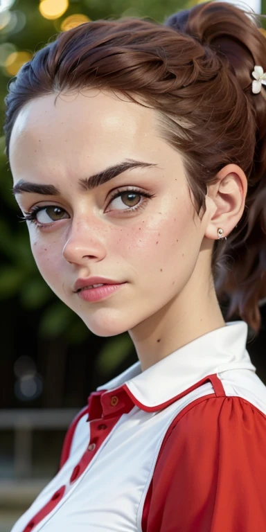 Photo of a 15-year-old European girl, .RAW, beautiful woman, (Light brown hair with ponytail hairstyle ), peinado de cola de caballo ((retrato)), ((Cara detallada:1.2)), ((Detailed facial features)), (Piel finamente detallada), Pale skin , con pecas en mejillas ,parque, Noria de Londres、uniforme de porrista color blanco y rojo 、senos grandes , gran sonrisa (cool color), humid, humid, Reflectores, (Masutepiece) (proporciones perfectas)(fotos realistas)(La mejor calidad) (Detallado) fotografiado con una EOS R5 de Canon, Lente de 50 mm, f/2.8, NffSW, (8k) (papel tapiz) (cinematic lighting) (Dramatic lighting) (foco nítido) (Enrevesado) , parque , cuerpo  completo, hermoso cuerpo de mujer , Posing for the camera seductively, uniforme de porrista