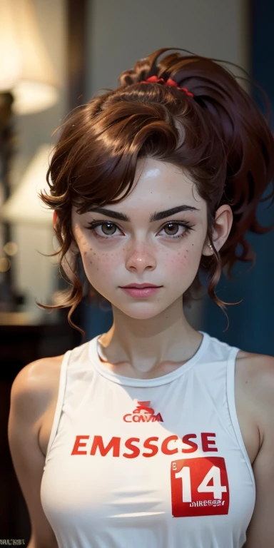 Photo of a -yeld Euean girl, .RAW, beautiful woman, (Light brown hair with ponytail hairstyle ), peinado de cola de caballo ((retrato)), ((Cara detallada:1.2)), ((Detailed facial features)), (Piel finamente detallada), Pale skin , con pecas en mejillas ,parque, Noria de Londres、uniforme de porrista color blanco y rojo 、senos grandes , gran sonrisa (cool color), humid, humid, Reflectores, (Masutepiece) (proporciones perfectas)(fotos realistas)(La mejor calidad) (Detallado) fotografiado con una EOS R5 de Canon, Lente de 50 mm, f/2.8, NffSW, (8k) (papel tapiz) (cinematic lighting) (Dramatic lighting) (foco nítido) (Enrevesado) , parque , cuerpo  completo, hermoso cuerpo de mujer , Posing for the camera seductively, uniforme de porrista