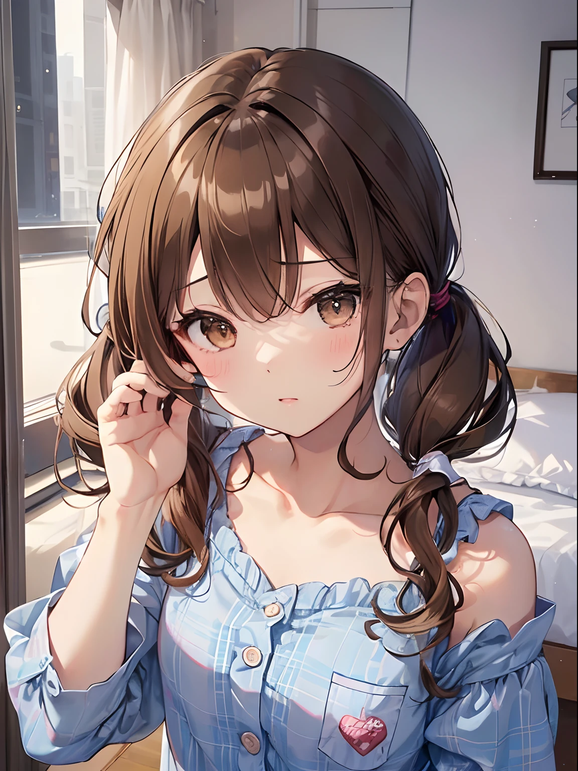 (Highest quality illustrations:1.2), (Kawaii Girl:1.1), (1girl in, 独奏:1.5), (1girl in、、childish、One pose little、Neat and clean image、tiny chest:1.5、ultradetailed eyes:1.2)、(small tits,flat breast:1.1)、((Brown-eyed、Brown hair:1.5))、(shorth hair)、hair wavy、curlyhair、bangss、low twintails、short twintails、 pajamas、Sexy Pajamas、Light blue checked pajamas、,The upper part of the body、Sleepy face、yawning、absence、Brown hair、shorth hair、hair wavy、low twintails、BREAK(top-quality、ultra-detailliert、highly detailed and beautiful、超A high resolution、Detailed arm:1.2)、a closeup、bustup, Wink