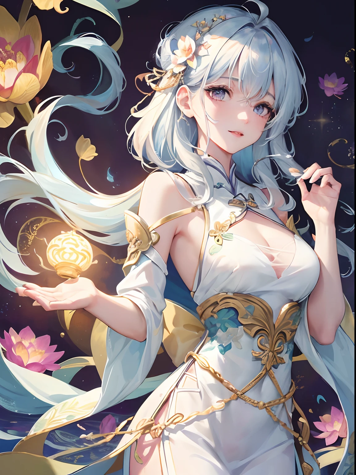 (Fractal Art:1.3), {{masterpiece,Best Quality}}, top-quality, Delicate background,Super delicate,Ultra-detailed CG Unity,8k wallpaper, lensflare, Detailed beautiful eyes,Beautuful Women,Twin Chignon Hair,waved hair,Fetishes,A milestone smile,((White and blue hair)),Glowing light purple eyes,chinese clothes,temple,The lotus flowers,Beautiful floral background,Gear Airship,Perfect human body structure,perfect hand.