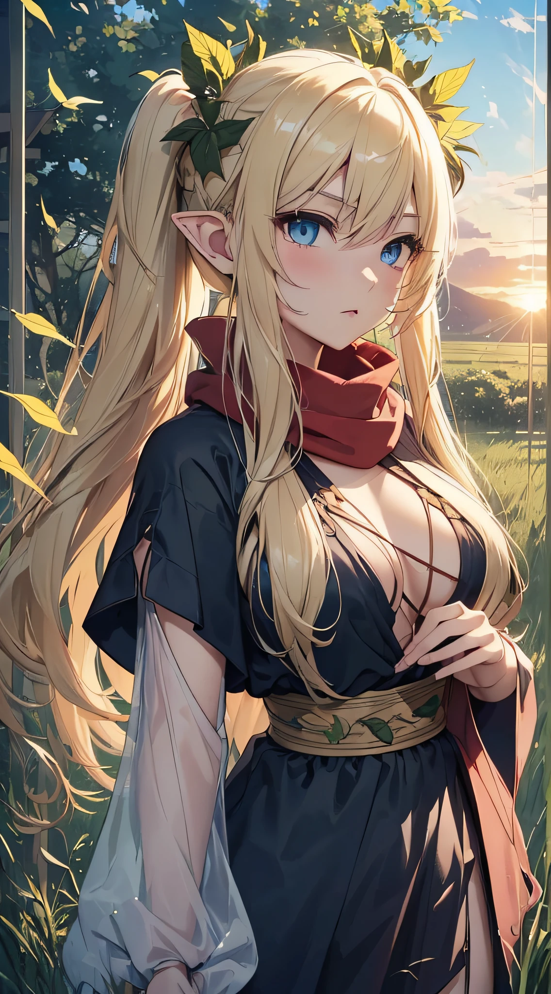 top-quality、Top image quality、masterpiece、An elf girl((18year old、Best Bust、big bast,Beautiful blue eyes、Breasts wide open, Blonde twintails、A slender,Large valleys、red scarf、Clothes in black robes、Hold your right hand in front of you、Fluttering hair))hiquality、Beautiful Art、Background with((Large grasslands、sunrises,strong breeze、Leaves flying in the wind)))、,masutepiece、visualart、depth of fields、