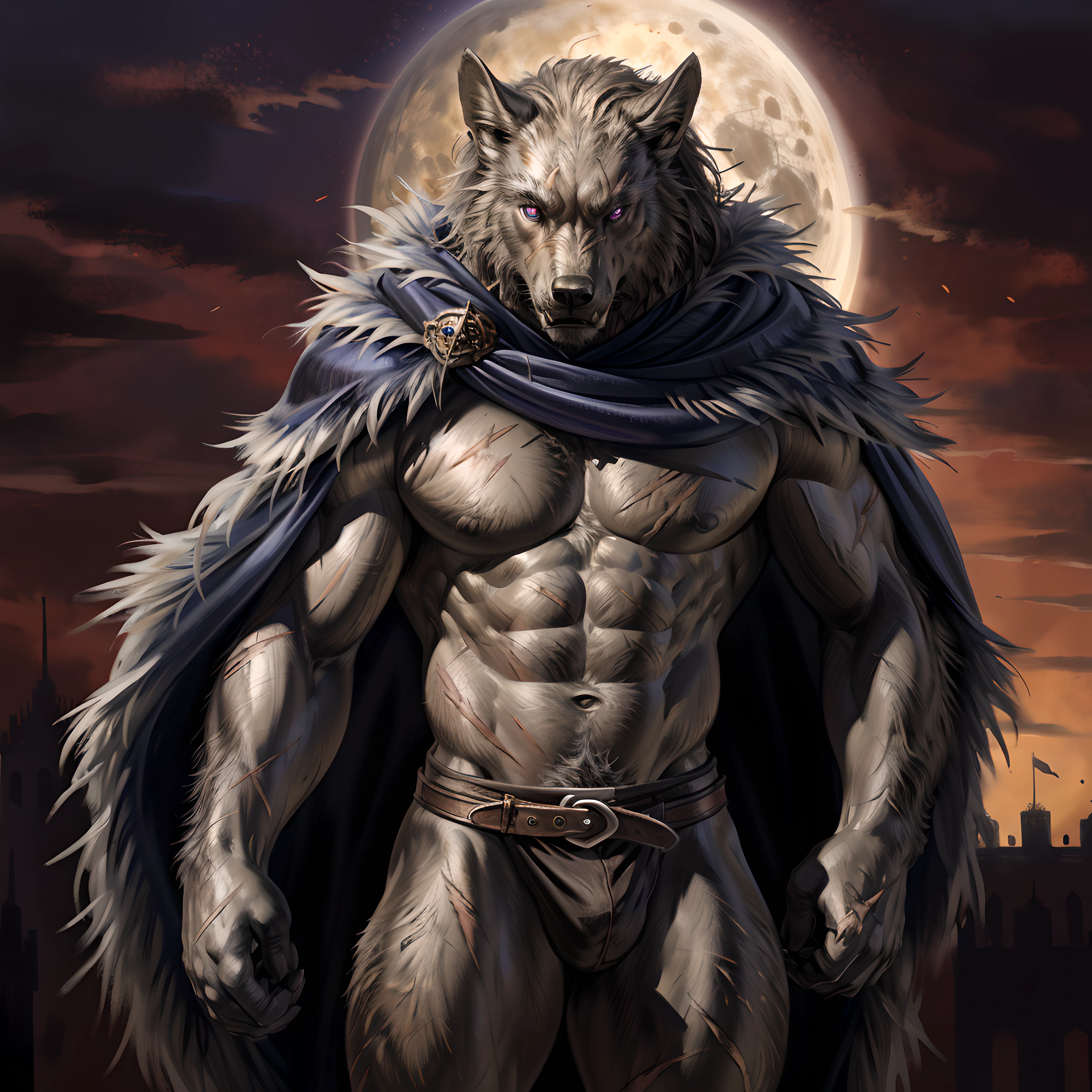 blaidd (elden ring), furry body, very muscular, heavyweight, pectorals, abs, scars on body, bare chest, detailed belt, detailed cape, male, masculine, 4k, high resolution, detailed, correct anatomy, correct proportions, (dark background, black castle background, red sky, yellow moon), half body, (by taran fiddler, by rukis:1.0), detailed eyes, purple eyes, darkness:1.5, standing in shadows, face in shadows:1.1, glow, messy coloring, angry eyes, backlighting, fangs, messy fur, correct lighting, correct shadows, detailed, detailed fur, realistic shading