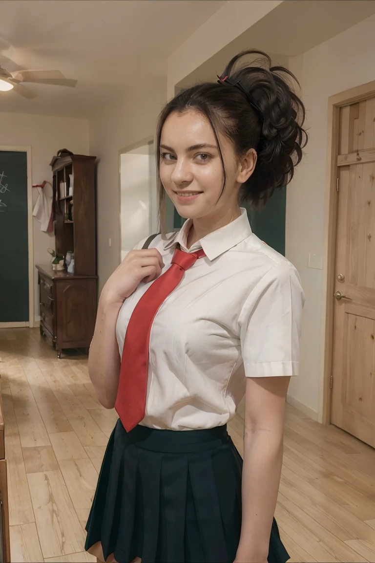 (((masterpiece))), YaoyoruzuMomo, 1girl, solo, skirt, shirt, black hair, school uniform, smile, blush, white shirt, ponytail, short sleeves, pleated skirt, necktie, collared shirt, indoors, black eyes, red necktie, green skirt, wooden floor, door, hair pulled back, u.a. school uniform, looking at viewer, full body, hands on side,