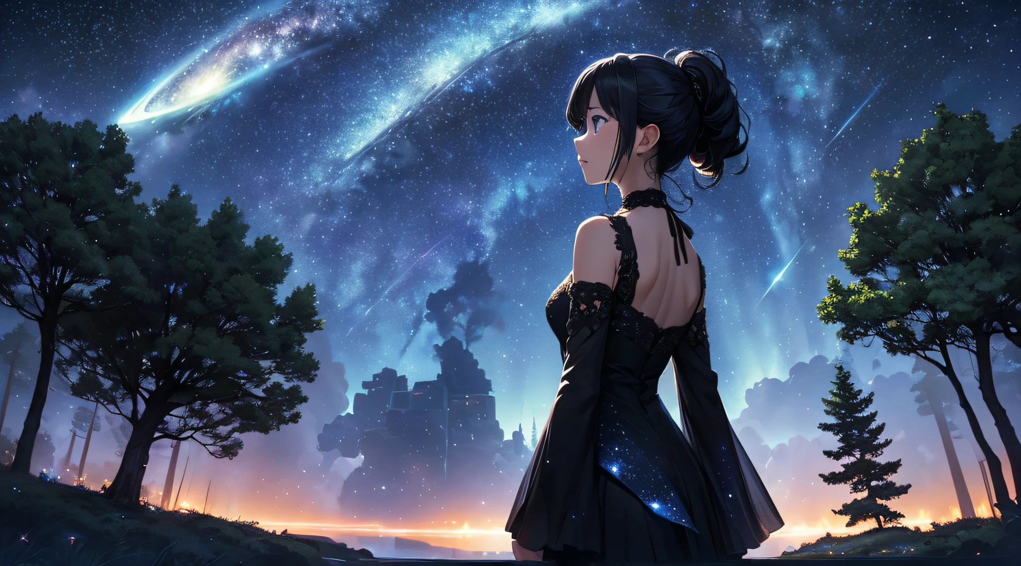 masterpiece、Background with((Fantastic starry sky、meteors、black hole))、Depth((1 young tree、Fantastic、Luminescent、florals))、a beauty girl、onepiece、Rear view