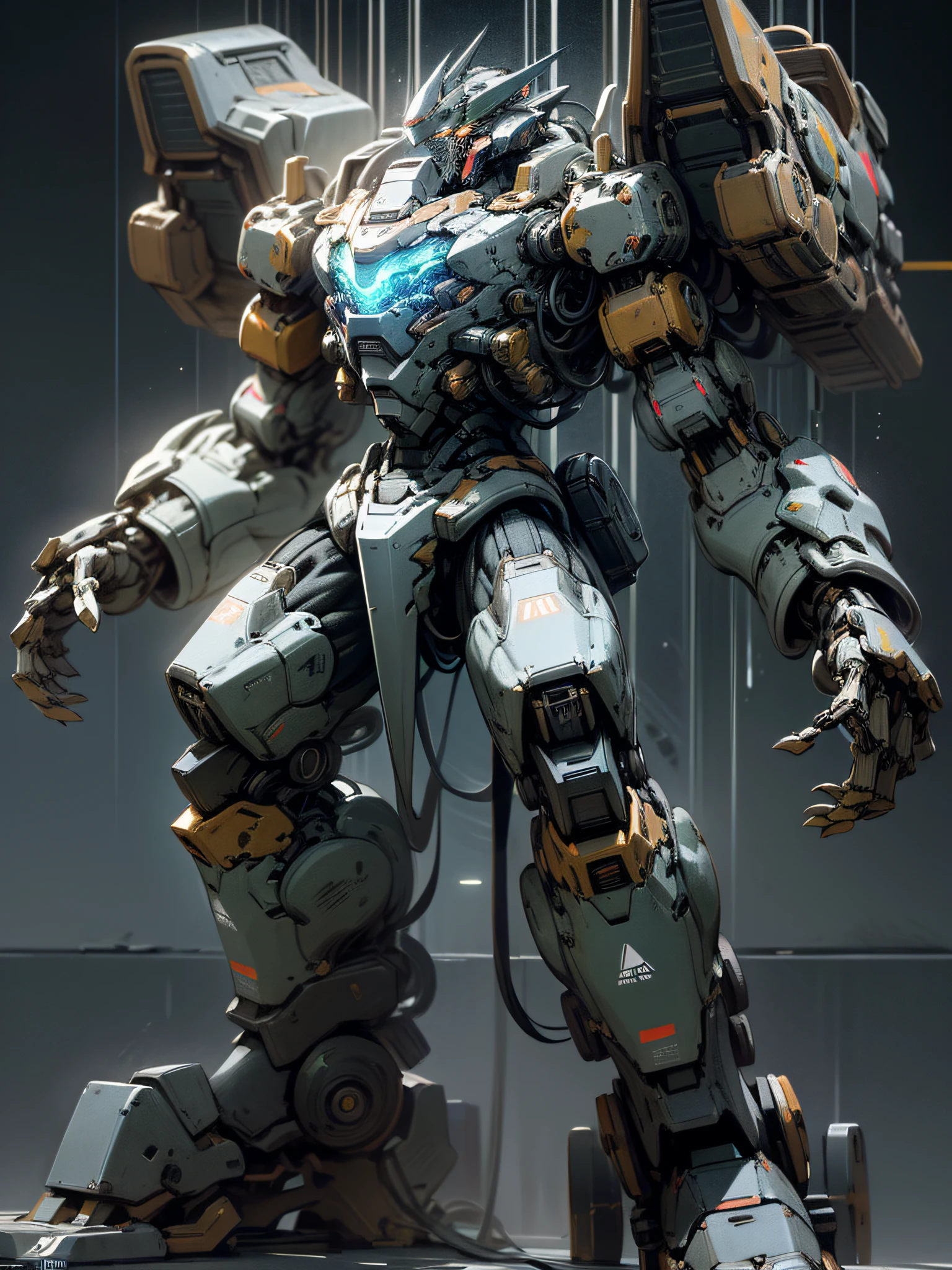 masterwork, peak quality, hyper-detailed, pristine:1.3), formidable mech illustration, 1construct, (technological supremacy, war-machine aesthetics:1.3) towering mechanized gorilla, full-structure portrayal, armor plating that gleams with a fusion of raw power and high-tech precision, signature construct art, (metallic, obsidian frame:0.6), chilling bright blue energy cores glowing from within, casting foreboding shadows against a minimalist hanger background, hydraulic limbs positioned in a display of combative readiness.