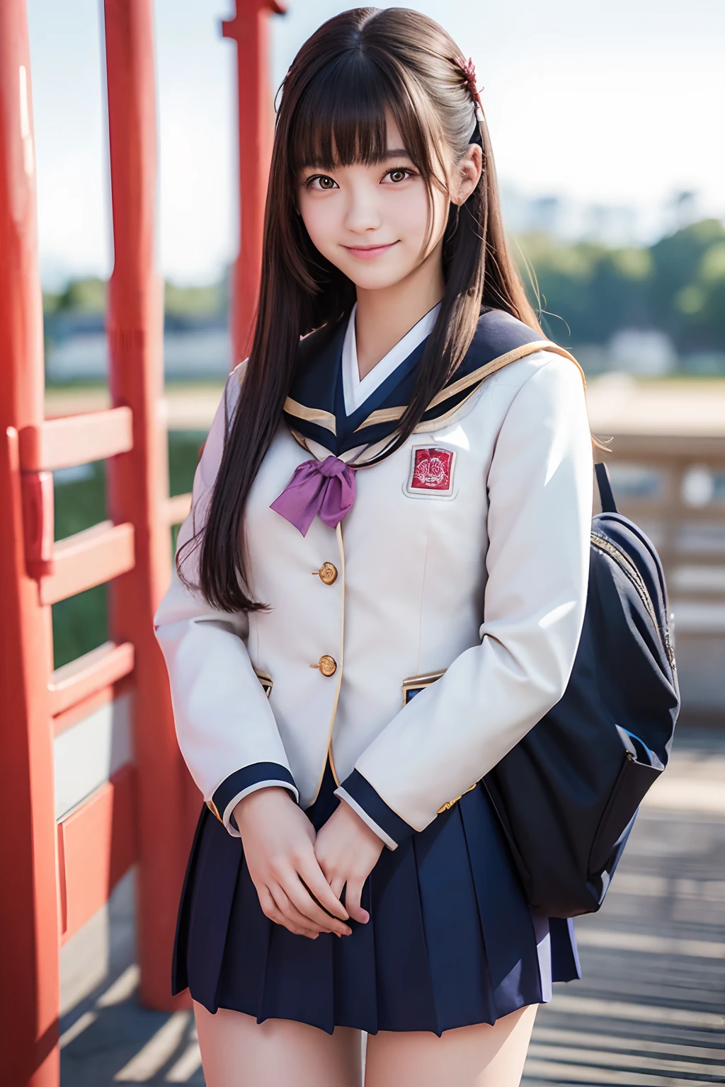 wave her hand、skinny legs、poneyTail、Extraordinary Beauty、Cute face、The best smile、Cute smile、frontage、slender、straight haired、schools、ulzzang-6500-v1.1, (Raw foto:1.2), (Photorealsitic:1.4), a beautiful detailed girl, extremely detailed eye and face, beatiful detailed eyes, huge filesize, hight resolution, ighly detailed, top-quality, masterpiece, ((Japanese girls' high school uniform:1.5)), ighly detailed, CG, 8k wallpaper, magnifica, finely detail, top-quality, Highly detailed CG uniforms、 Light on the face、电影灯光、a 18 year old girl、