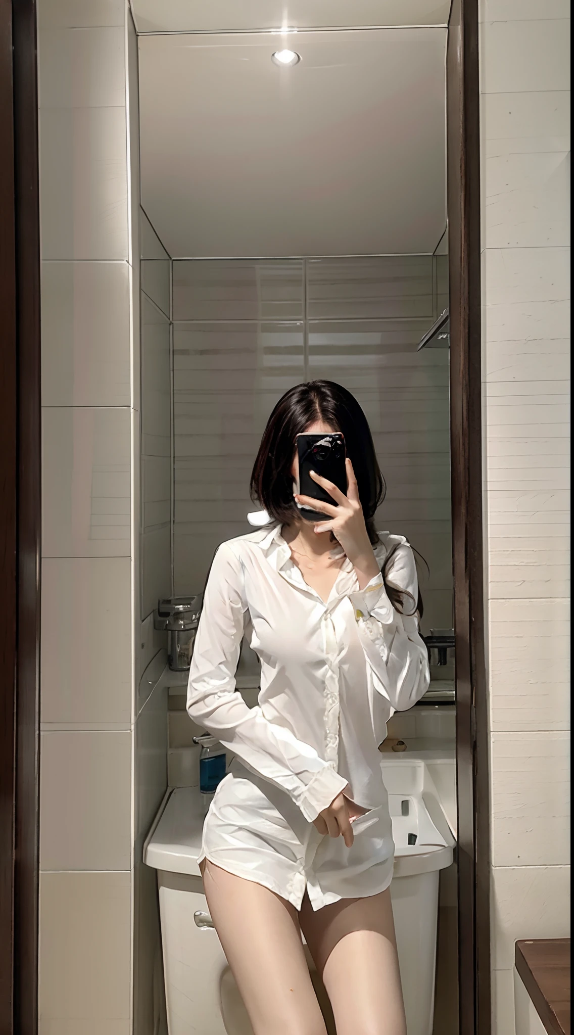 ((shoulder-length straight bob hair)),（Extremely meticulous CG 8k wallpaper），（Extremely refined and beautiful），（Masterpiece），（best qualtiy:1.0），（Ultra High Resolution:1.0),beautiful light up，Perfect lightning,realistic shaded，[A high resolution],(Smooth and flawless fair skin:1.5),Extremely exquisite facial details，ultra - detailed,A  girl,small head,dawn,dim light,Close Shot,at home,in washroom,standing,(Next to the washbasin:1.3),small face,（perfect body:1.1）,small breasts，flat chest，slim,collar,(white collared shirt:1.5),(white underwear:1.2),(femal orgasmic:1.5),(blush:1.3),ahegao,cowboy shot,portrait,mirror selfie