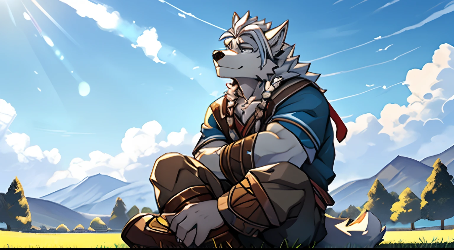 Wolf orcs,White hair,Light blue pupils,The hair on the forehead is pale blue,modern day,schoolboy,Sit on the lawn,Looking Up The Sky,Looking Up The Sky