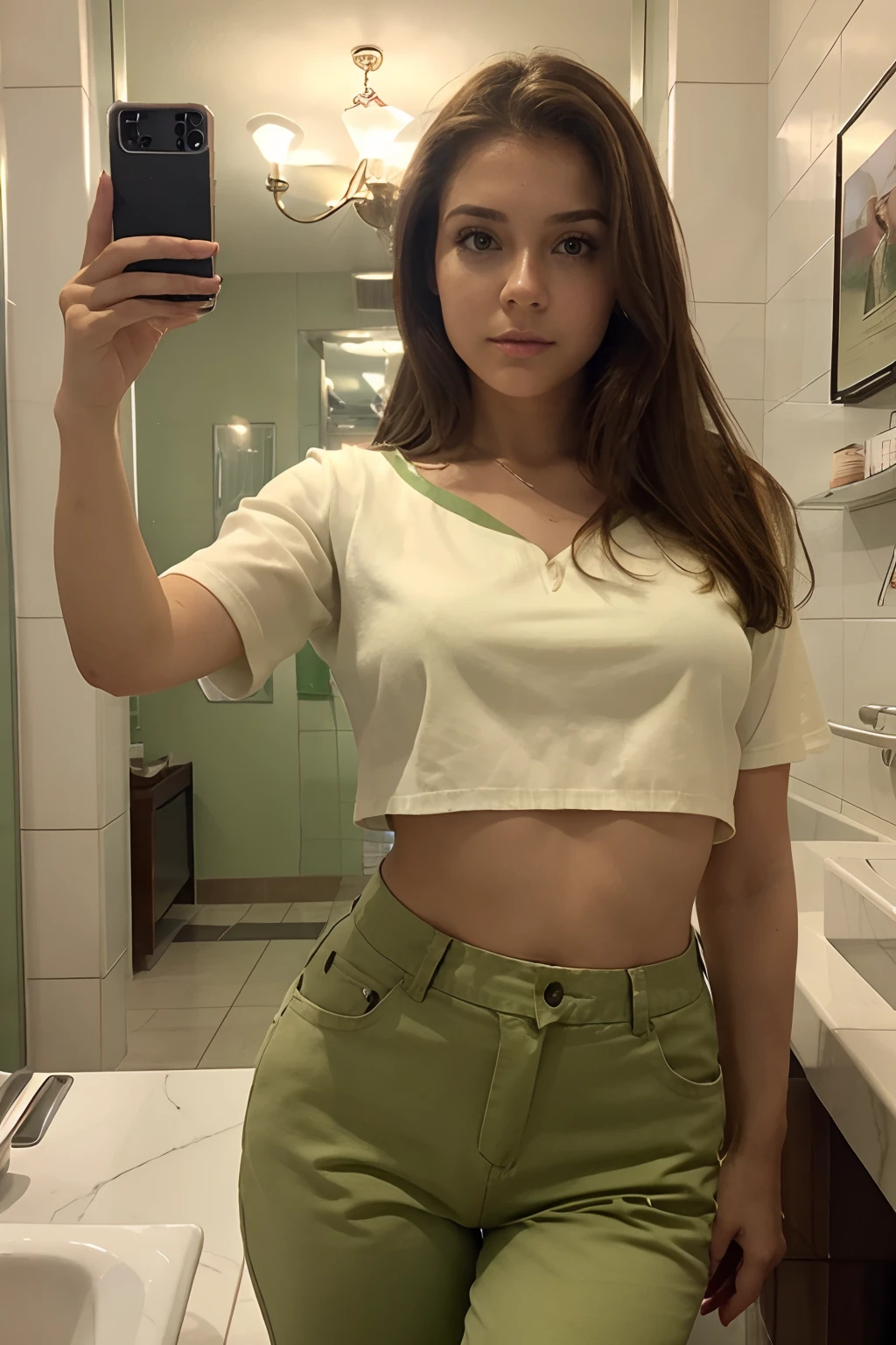 hermosa mujer de ojos verdes, Brown-haired. Selfie in a restaurant bathroom. la mano de la selfie sale desde la pantalla. pantalones blancos. epoca veraniega.