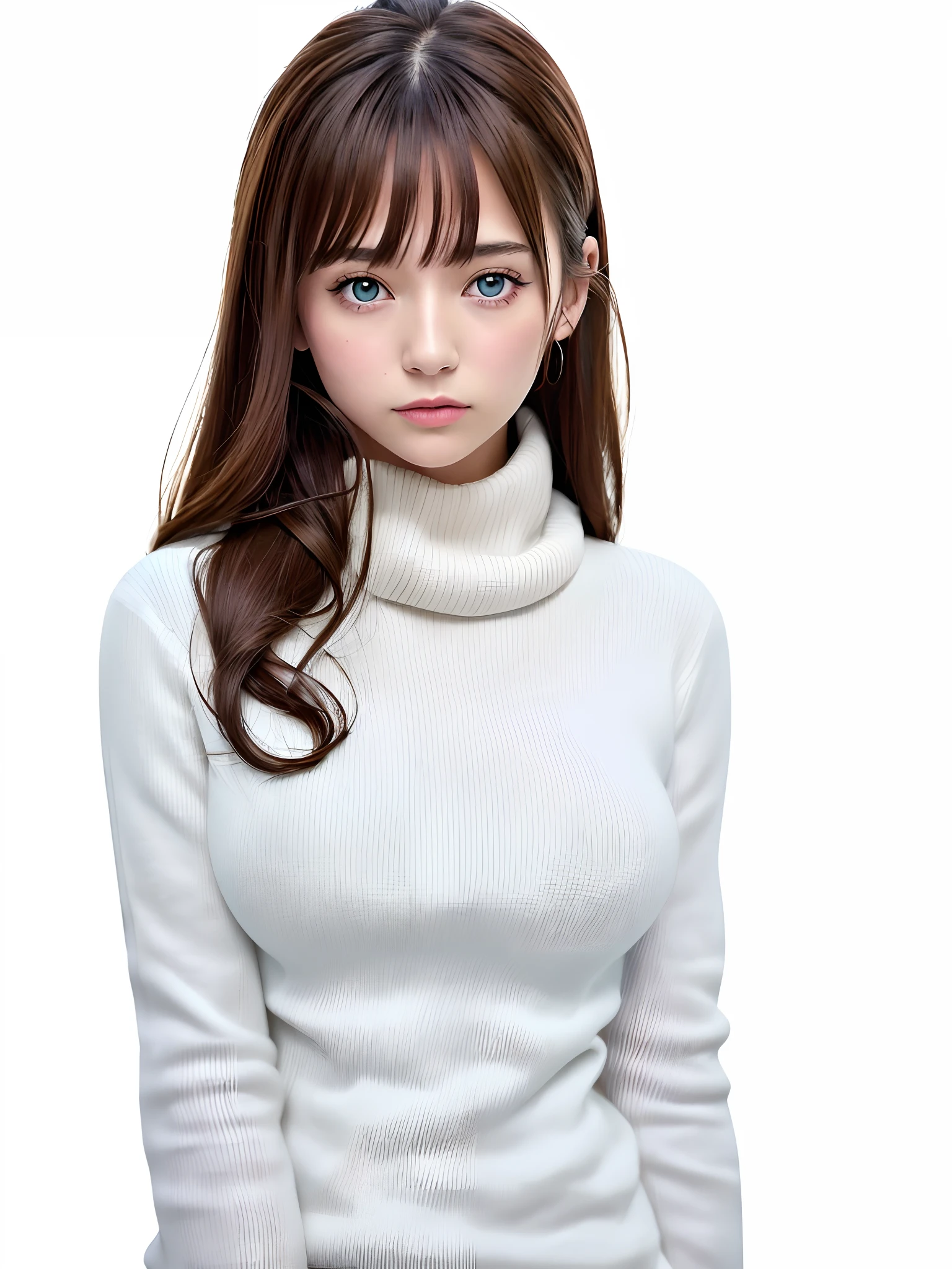 (Masterpiece), Best quality, Ultra-detailed, illustration, Warm lighting, Soft lighting, Bright colors, 1 girl, Solo,( Beautiful girl, Long hair, Blue eyes, ribbon, Brown hair, hair between eye, Hair ribbon, side locks, Very long hair, Messy hair,) , Autumn, Many maple trees, Maple leaves, Golden leaves, fall foliage, dried leaves, River,  Fresh air,  peace, Cool breeze , Sweater weather,( Wear a white or brown sweater, Red scarf, Moody autumn, desire big breasts, Melancholy, Sad ,worried, desire big breasts,)