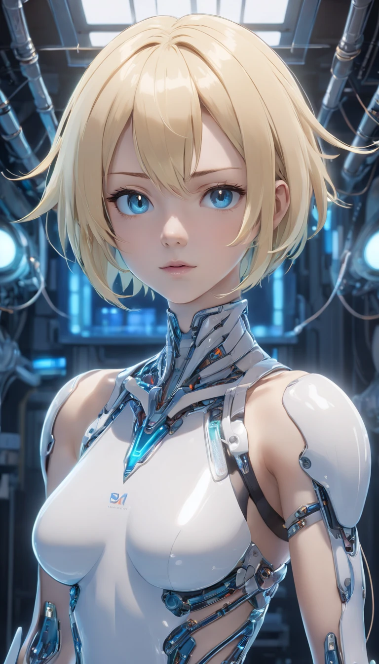 Complex 3d rendering of beautiful porcelain woman android face super detailed, cyborgs, roboticparts, 150mm, beautiful studio soft light, Rim Light, vibrant detail, luxuriouscyberpunk, Lace, hyper realisitic, Anatomical, electric wires, microchips, Elegant, Background Lab, Octane Render, h.R Giger Style, 8K,a blond,Inverted bob hairstyle,Translucent plastic body,Gently glowing eyes,blue eyess, Miki Asai Macro photography,Full body, Hyper Detailed, Trending on ArtStation, Sharp Focus, Cyber Cat Wind, studio photo, Intricate details, Highly detailed, By Greg Rutkowski