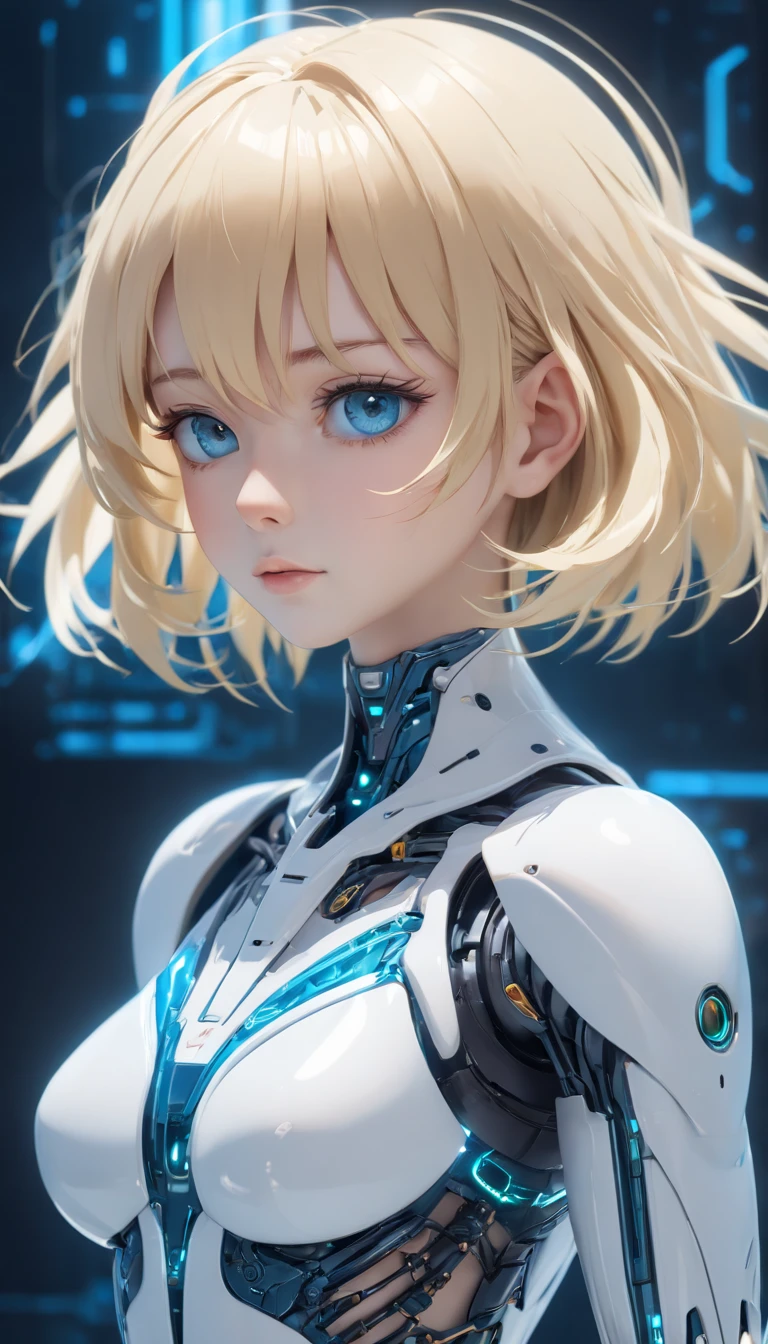 Complex 3d rendering of beautiful porcelain woman android face super detailed, cyborgs, roboticparts, 150mm, beautiful studio soft light, Rim Light, vibrant detail, luxuriouscyberpunk, Lace, hyper realisitic, Anatomical, electric wires, microchips, Elegant, Background Lab, Octane Render, h.R Giger Style, 8K,a blond,Inverted bob hairstyle,Translucent plastic body,Gently glowing eyes,blue eyess, Miki Asai Macro photography,Full body, Hyper Detailed, Trending on ArtStation, Sharp Focus, Cyber Cat Wind, studio photo, Intricate details, Highly detailed, By Greg Rutkowski