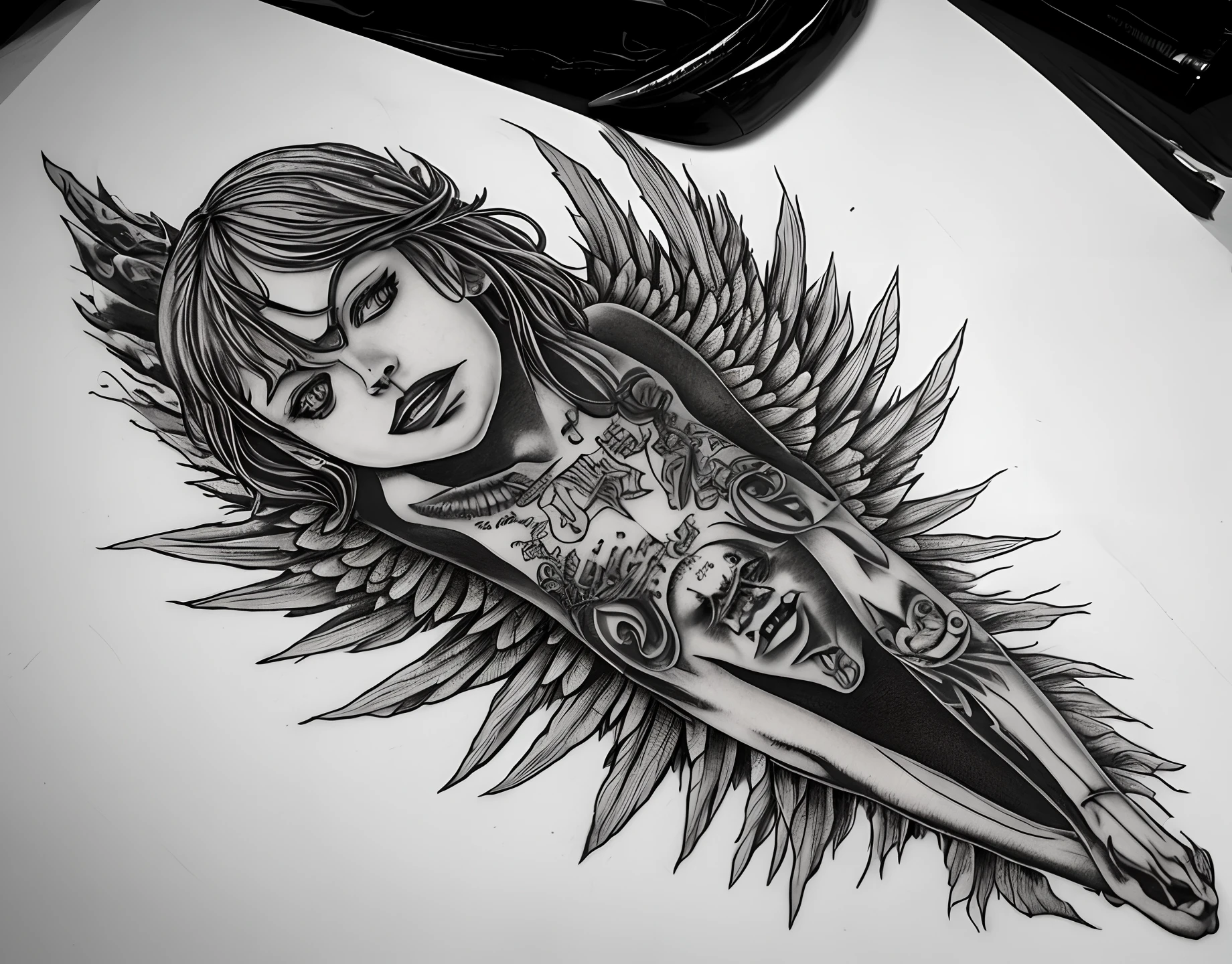 um desenho de uma mulher caveira e asas de anjo, tattoo sketches, Retrato do Anjo da Morte, anjo da morte, Retrato do Anjo da Morte, , desenho de realismo, Cute gothic X-ray angel, Realismo , rosto feminino