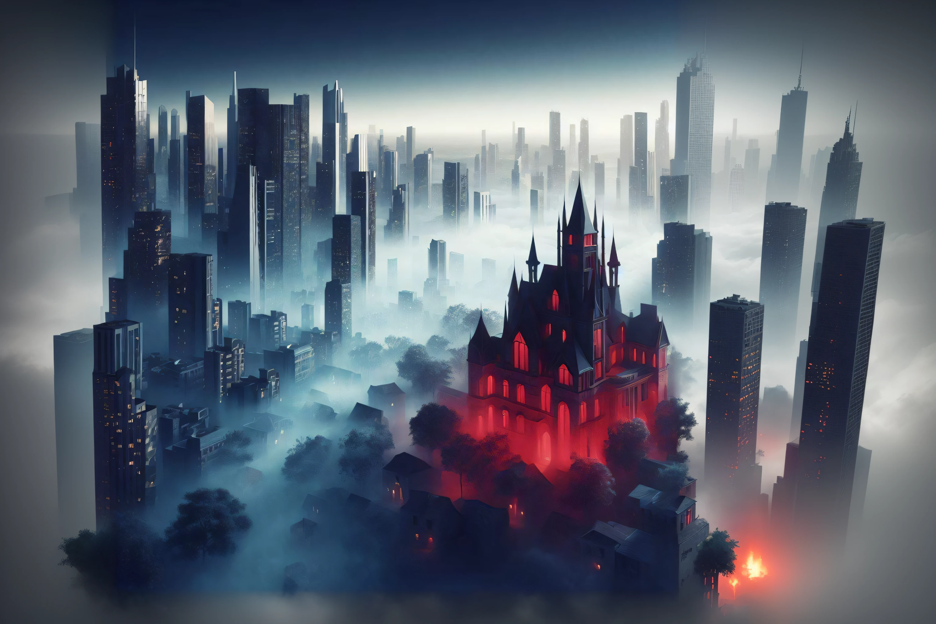 A view of the city's Araved,There is a castle in the middle, Stylized urban fantasy artwork, dark fantasy city, foggy dystopian world, fantasy cityscape, moody misty fantasy art, urban fantasy setting, Gothic dystopian interior, centralized urban fantasy, 3 d render beeple, beeple |, cinematic beeple, Urban fog, Gothic fog