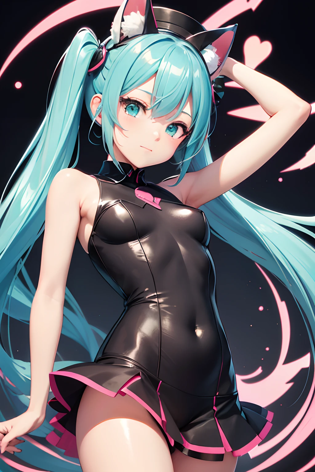 midshot,cel-shading style,centered image,ultra detailed illustration of Hatsune Miku of cool posing,inkpunk,ink lines,strong outlines,art by MSchiffer,bold traces,unframed,high contrast,cel-shaded,vector,32k resolution,best quality,shizukazom100,Megu-KJ,Megu hat,gwen stacy,rabbit pose,living clothes