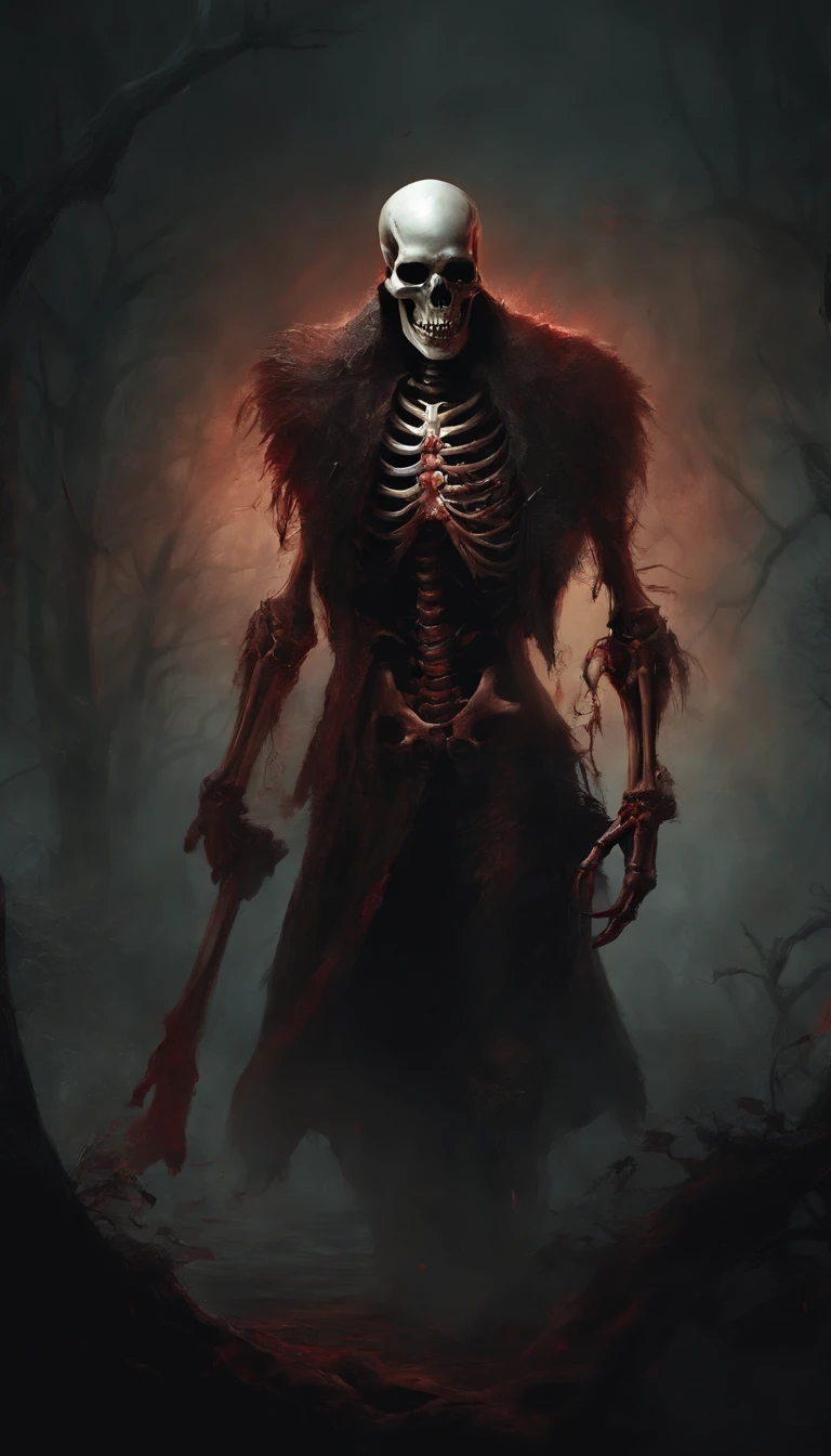 Draw a demon skeleton with a strong bloody face and bloody head, Science fiction horror art, sci-fi horror artwork, inspired by Aleksi Briclot, Fangs of the slaughter, horror fantasy art, Alexis Bricklot(Alexis Bricklot), horror concept art, veneno, Fantasy and horror art, Detailed illustration of 4K horror, Demon skeleton, dark fantasy horror art